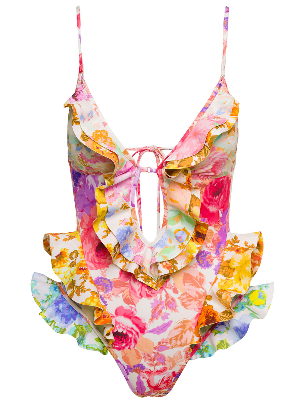 ZIMMERMANN RAJE MULTICOLOR ONE-PIECE SWIMSUIT WITH FLOREAL PRINT AND FRILLS IN STRETCH POLYAMIDE WOMAN