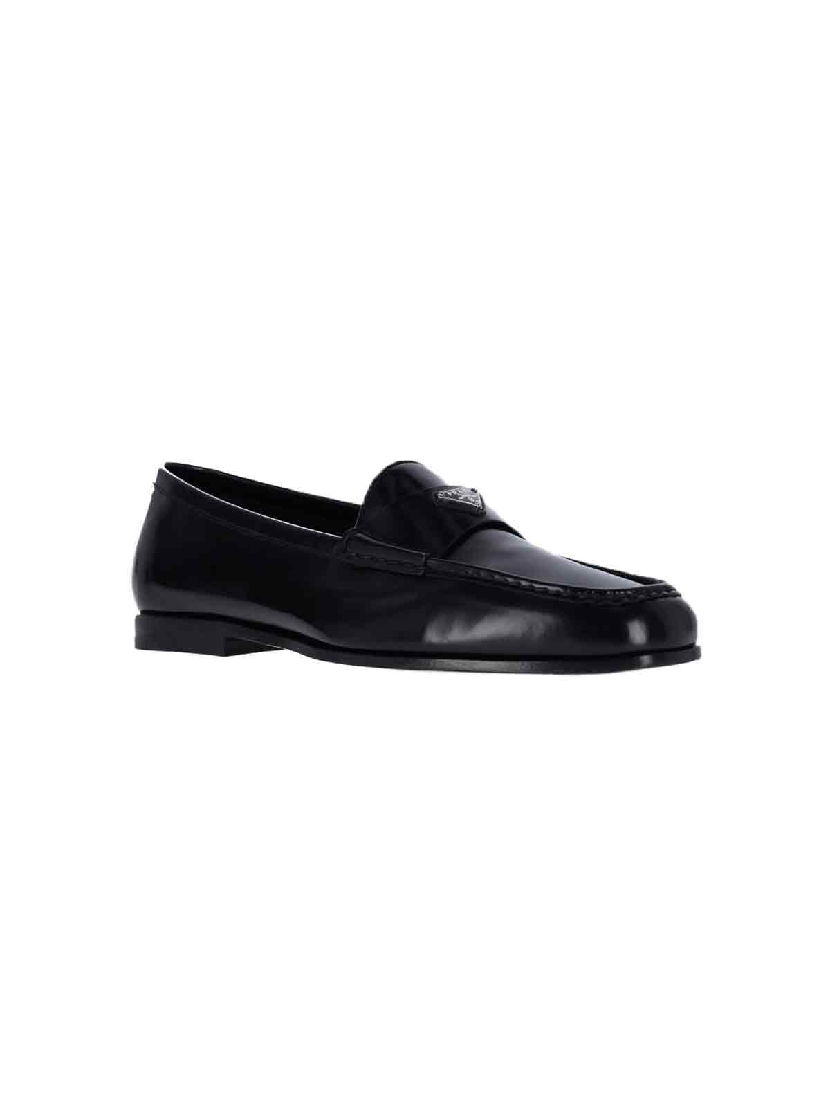 Prada Leather Loafers With Round Toe And Sole In Black