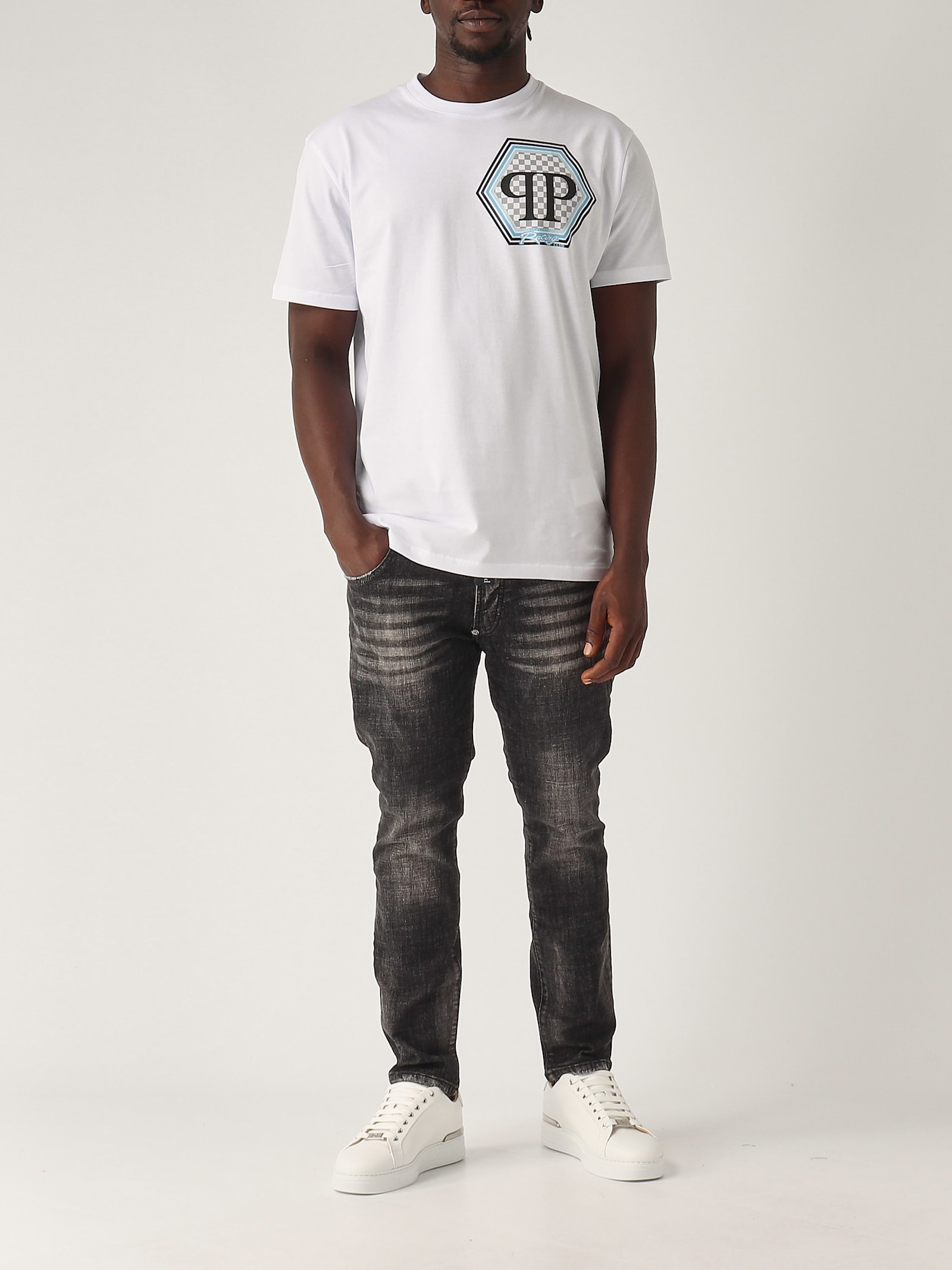Philipp Plein Short Sleeve T-shirt With Printed Logo In Bianco