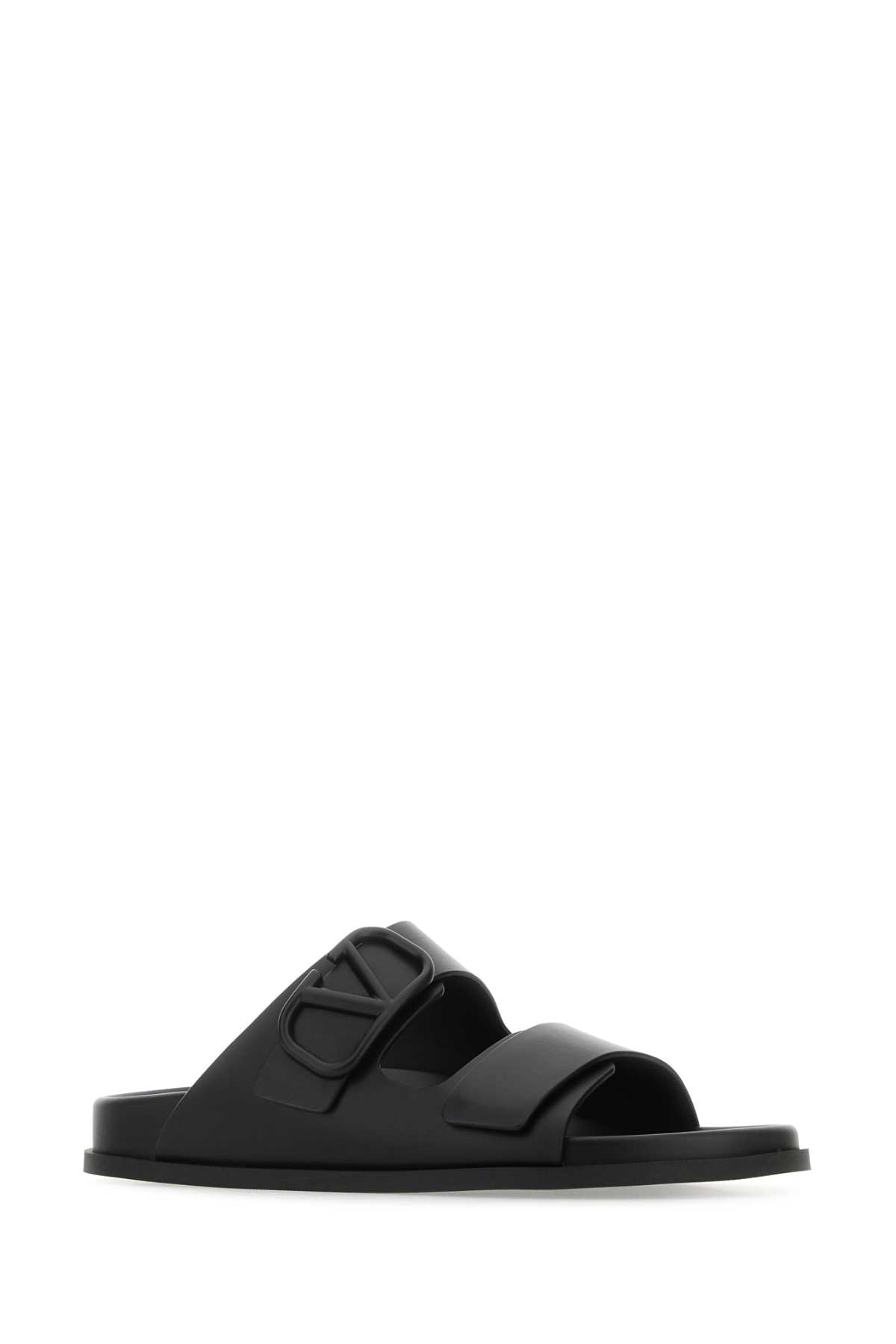 Shop Valentino Black Leather Vlogo Slippers In 0no