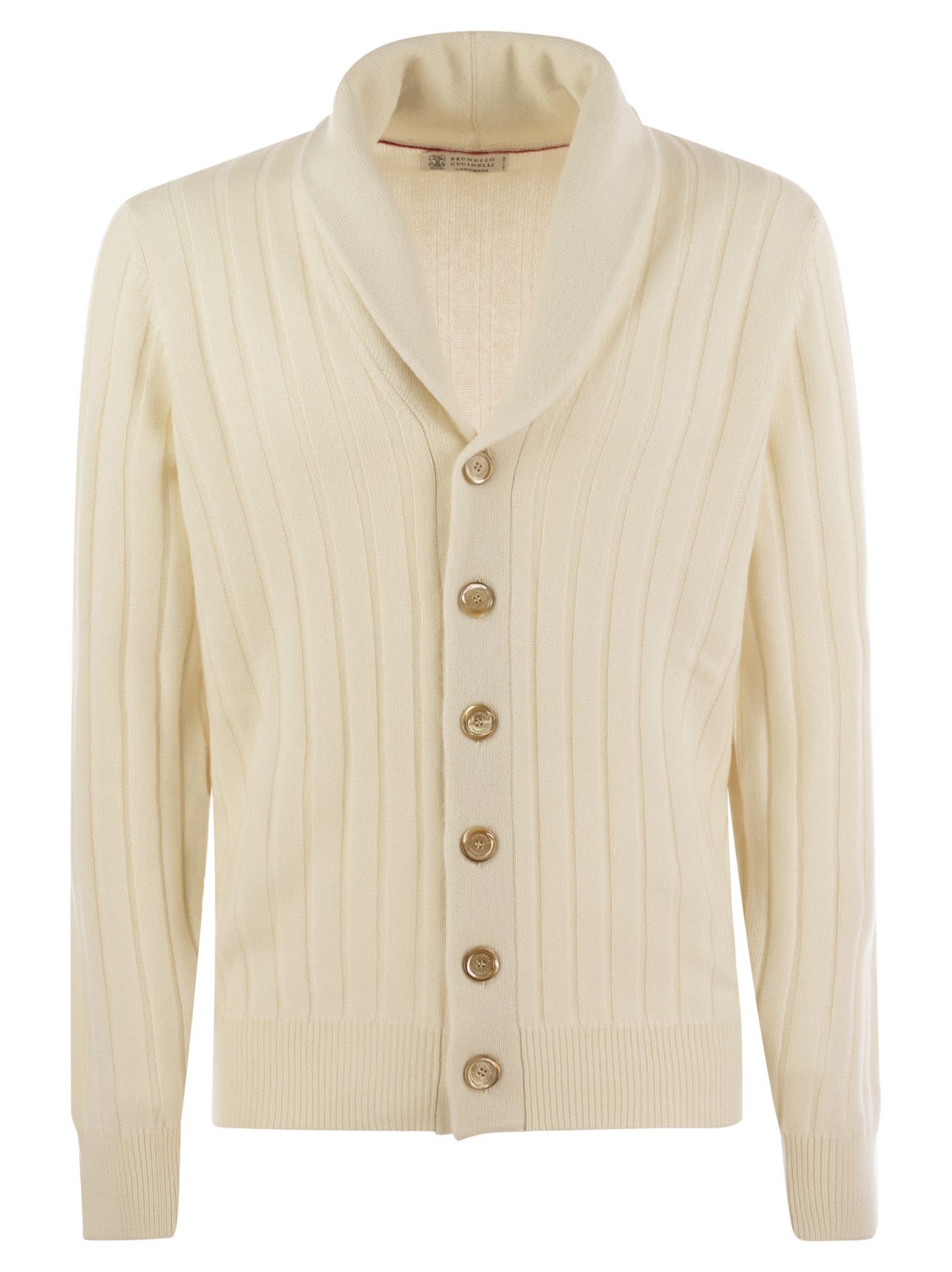 Shop Brunello Cucinelli Ribbed Cashmere Cardigan In Ecru