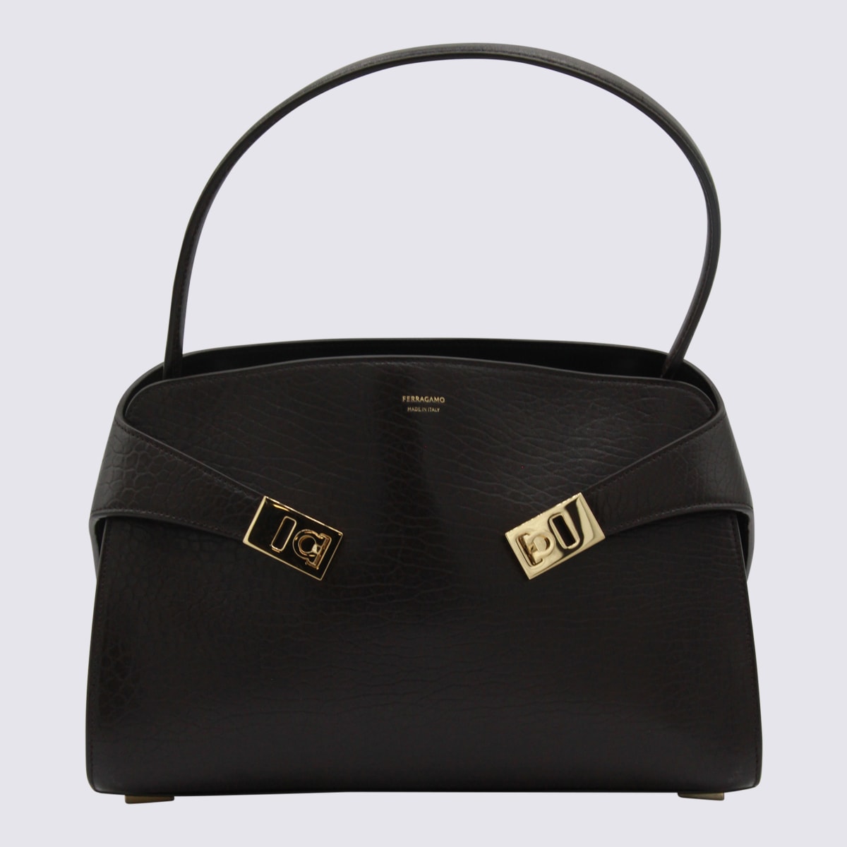 Ferragamo Dark Brown Leather Medium Hug Soft Shoulder Bag In Black