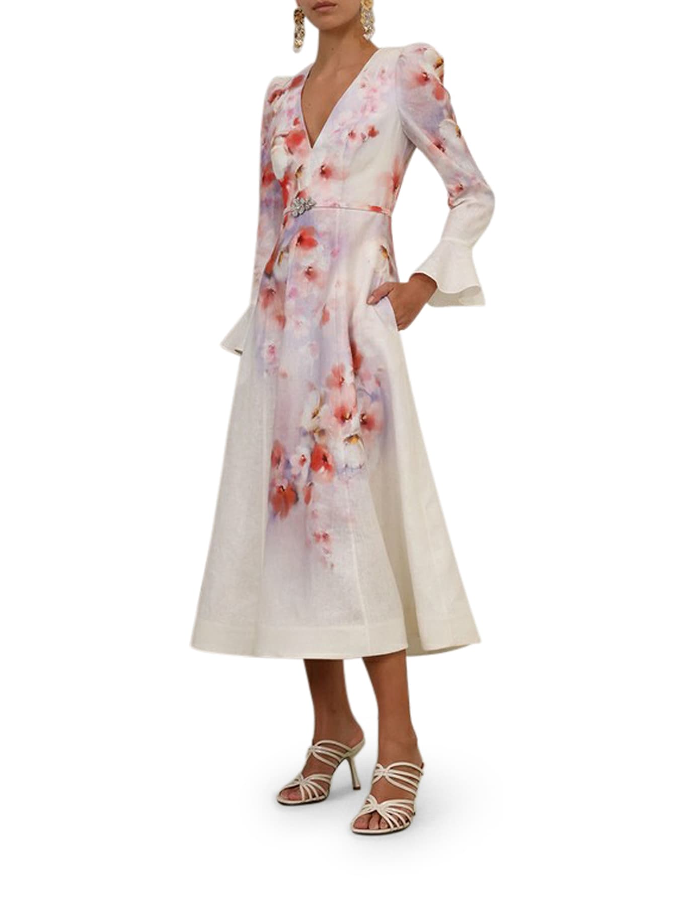 ZIMMERMANN CRUSH FRILL SLEEVED MIDI DRESS