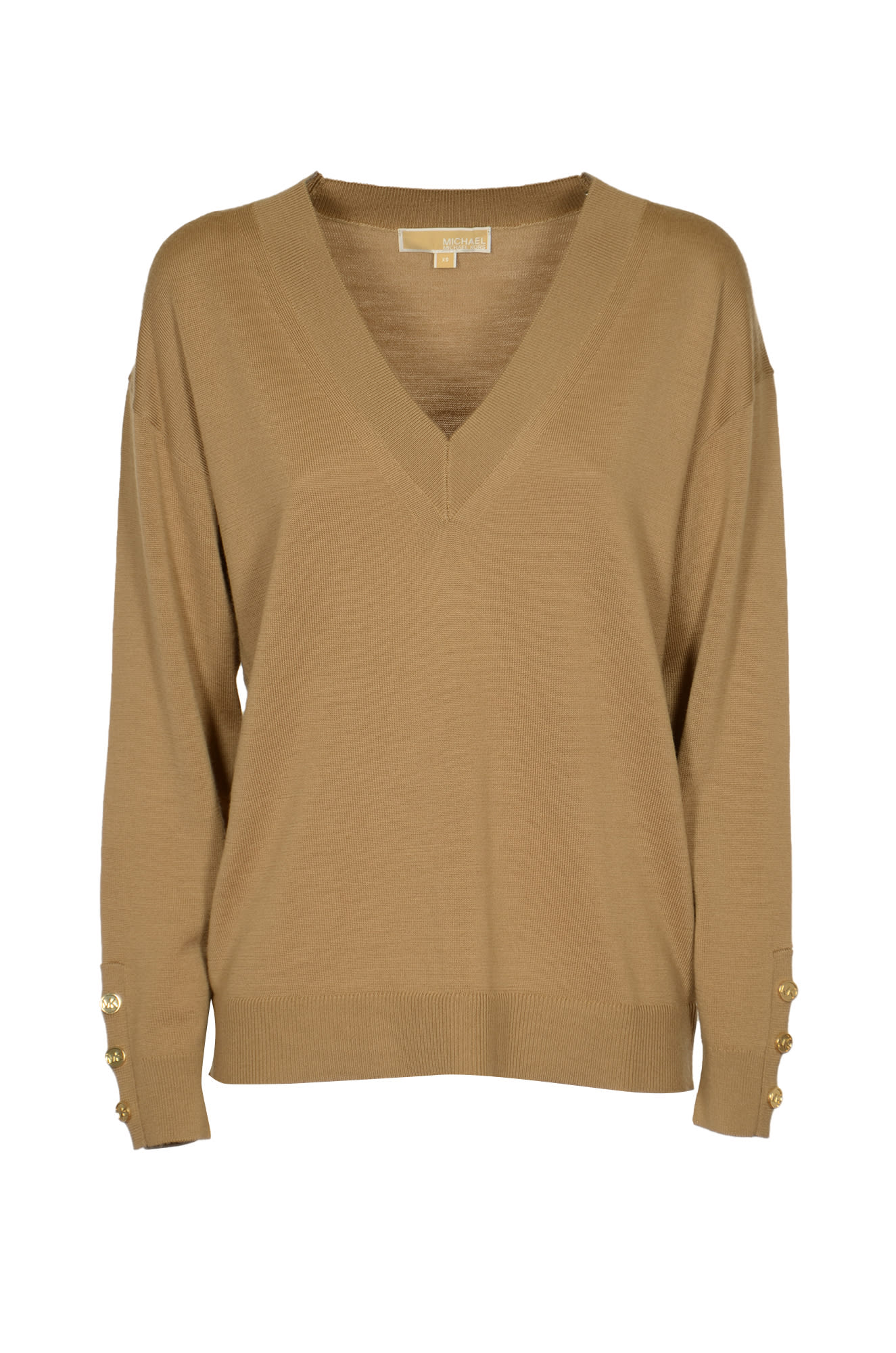 Shop Michael Kors V-neck Rib Trim Sweater In Dark Camel