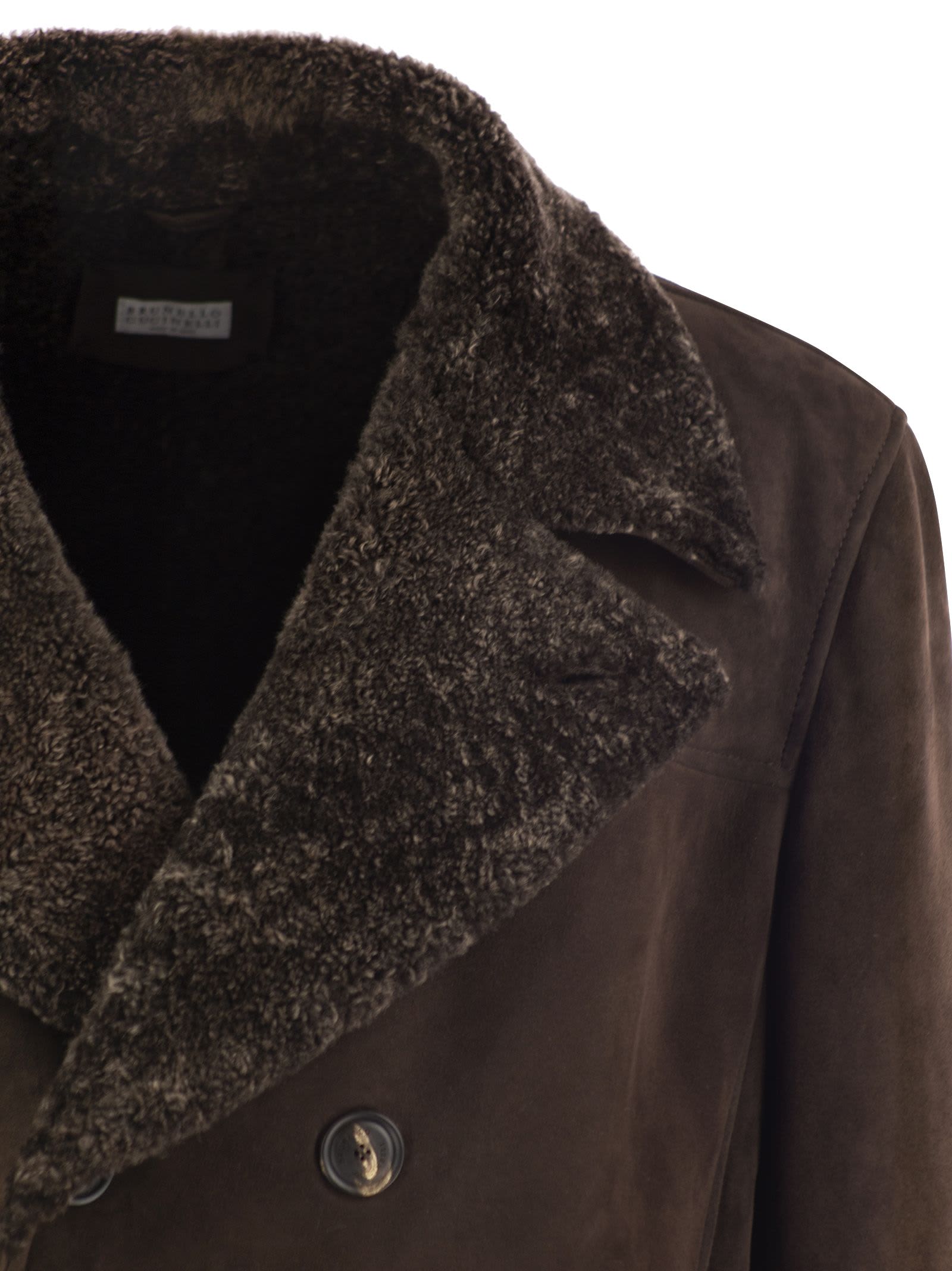 Shop Brunello Cucinelli Double-breasted Shearling Outerwear In Brown