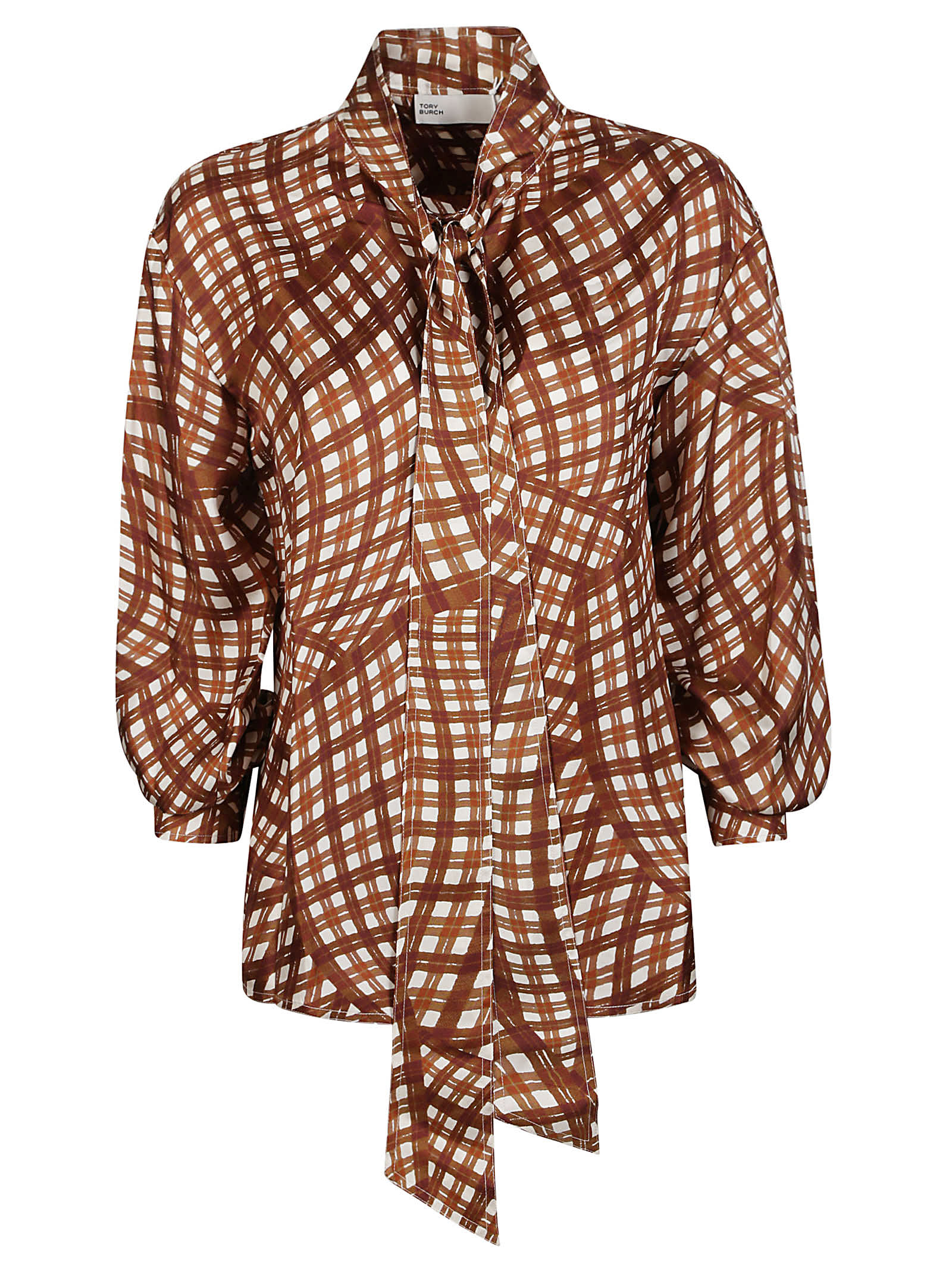 Shop Tory Burch Bow Printed Blouse In Brown