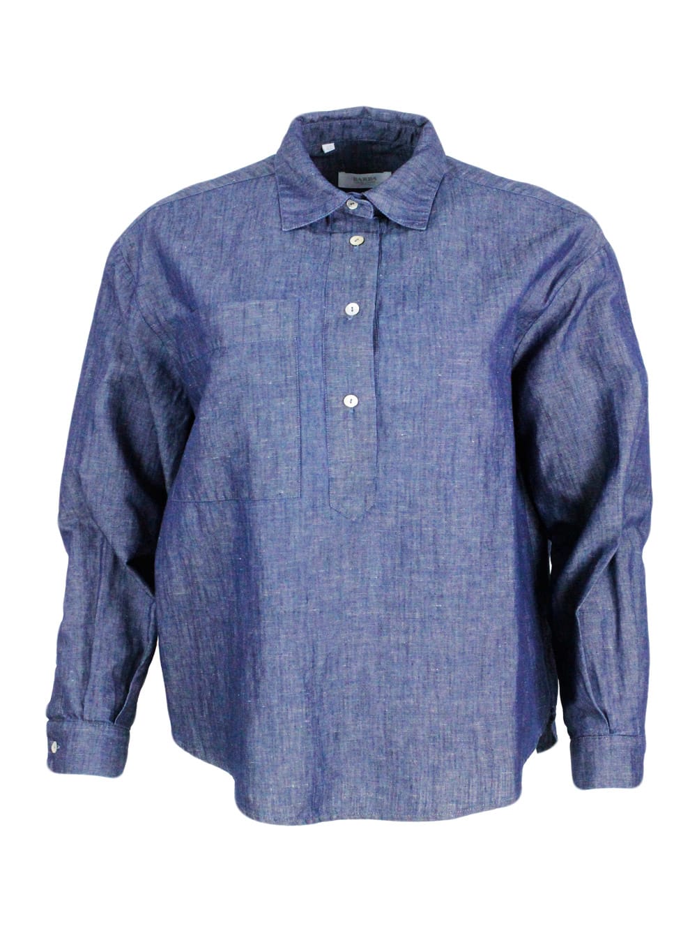 Lightweight Denim-effect Pull-on Shirt In Linen Cotton With Four Buttons And Chest Pocket