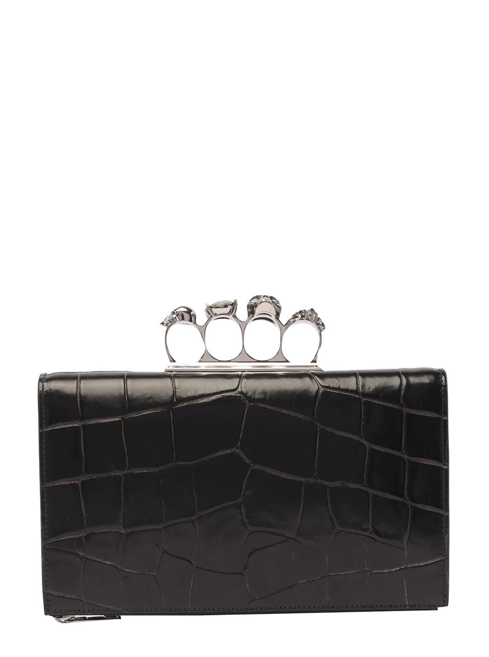 Shop Alexander Mcqueen Skull Small Black Clutch With Four Ring Detail In Croco Printed Leather Man