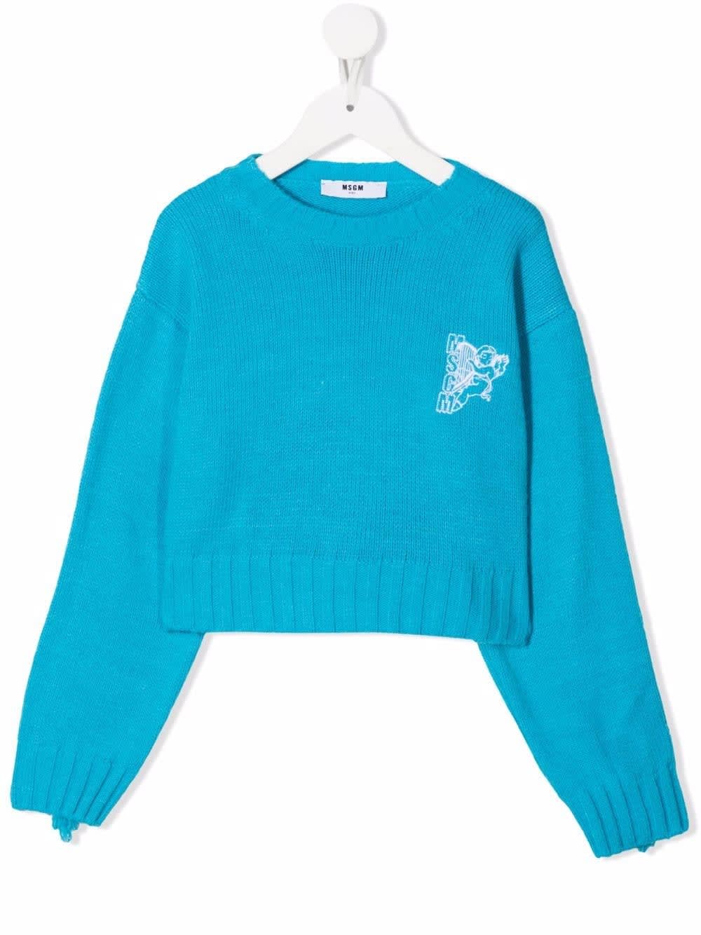 MSGM Kids Turquoise Sweater With Fringes And Logo