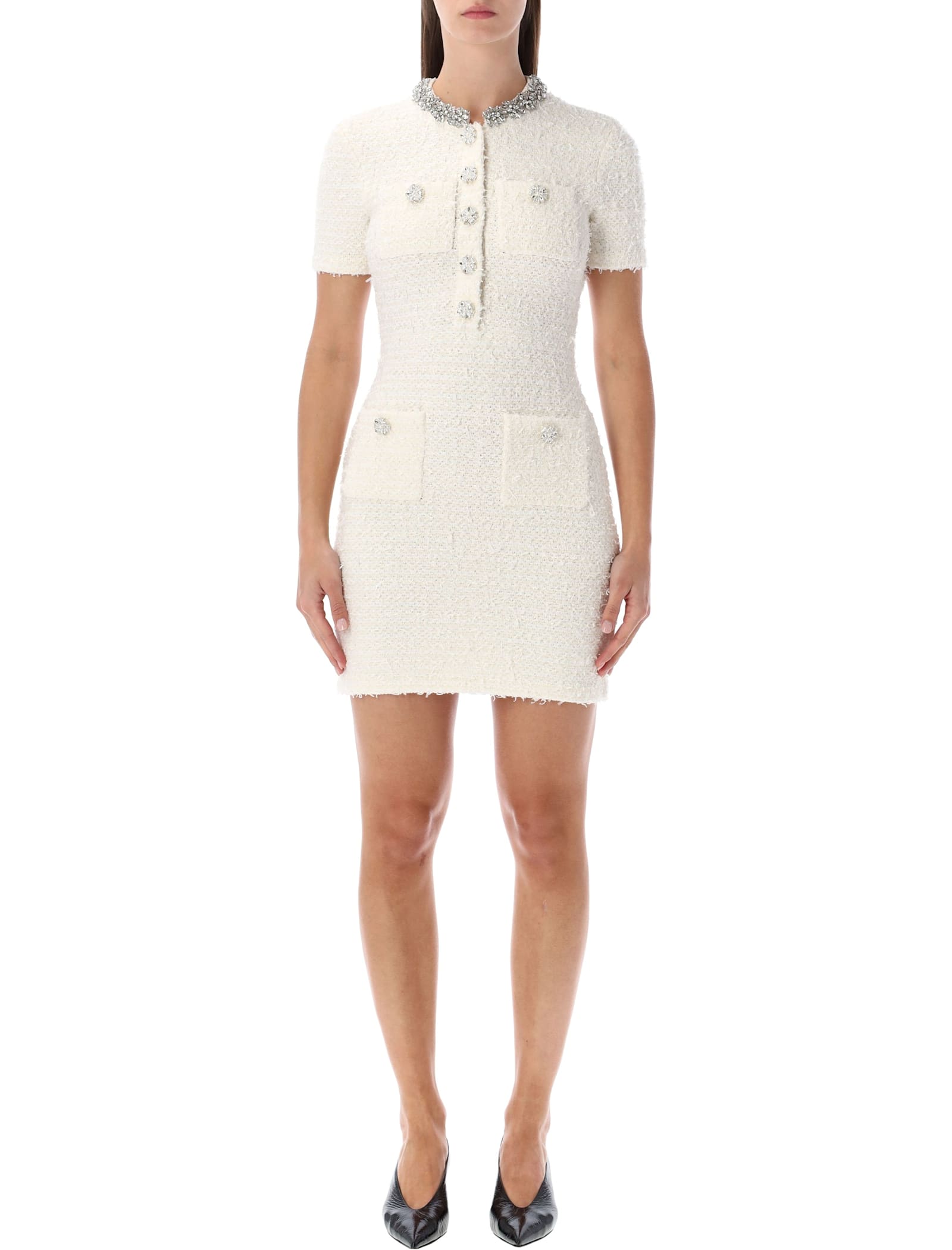 Self-portrait Cream Bouclé Knit Mini Dress With Crystal Buttons In White