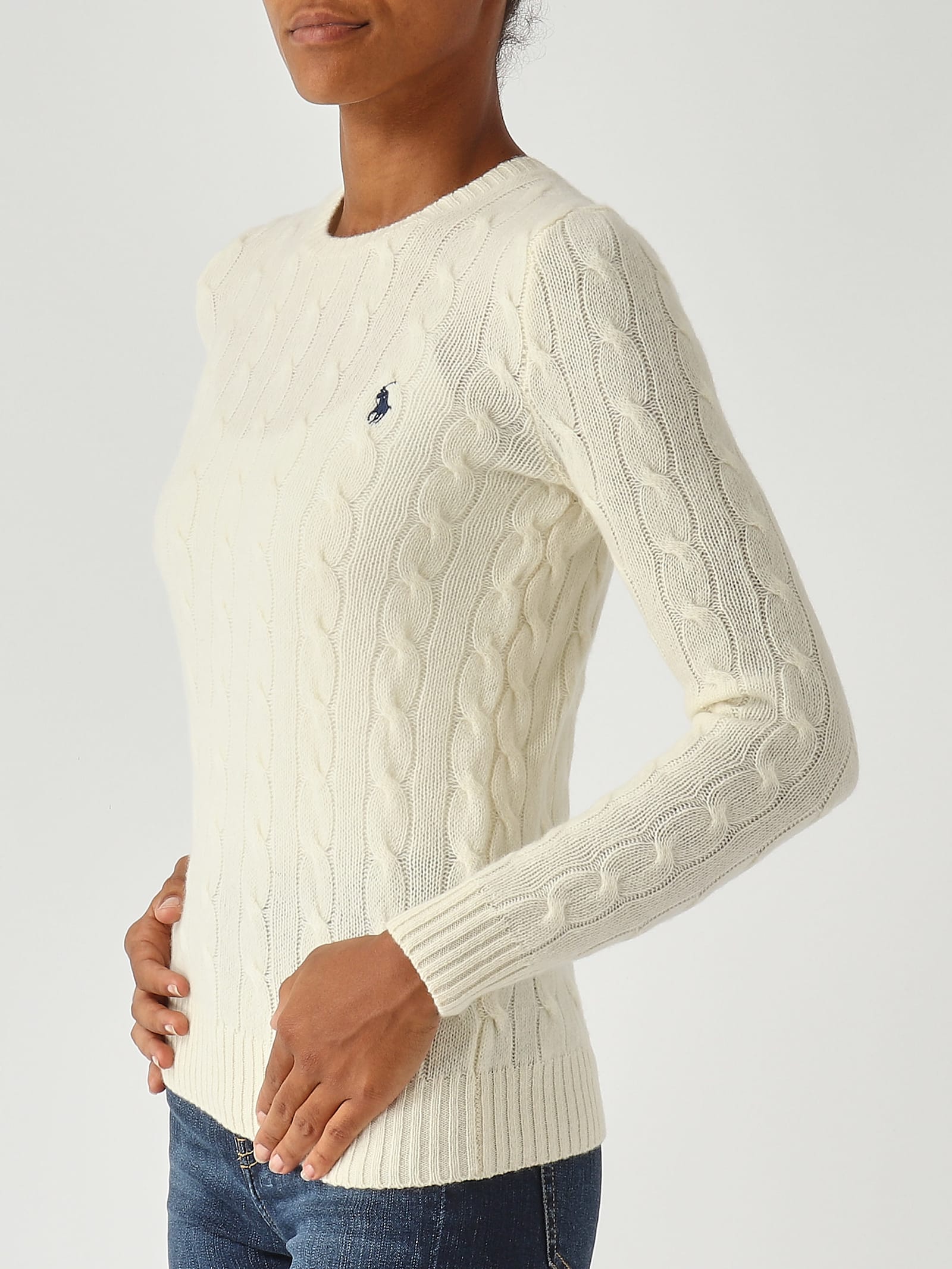 Polo Ralph Lauren Over-size Girocollo A Trecce In Lana E Cachemire Sweater In White