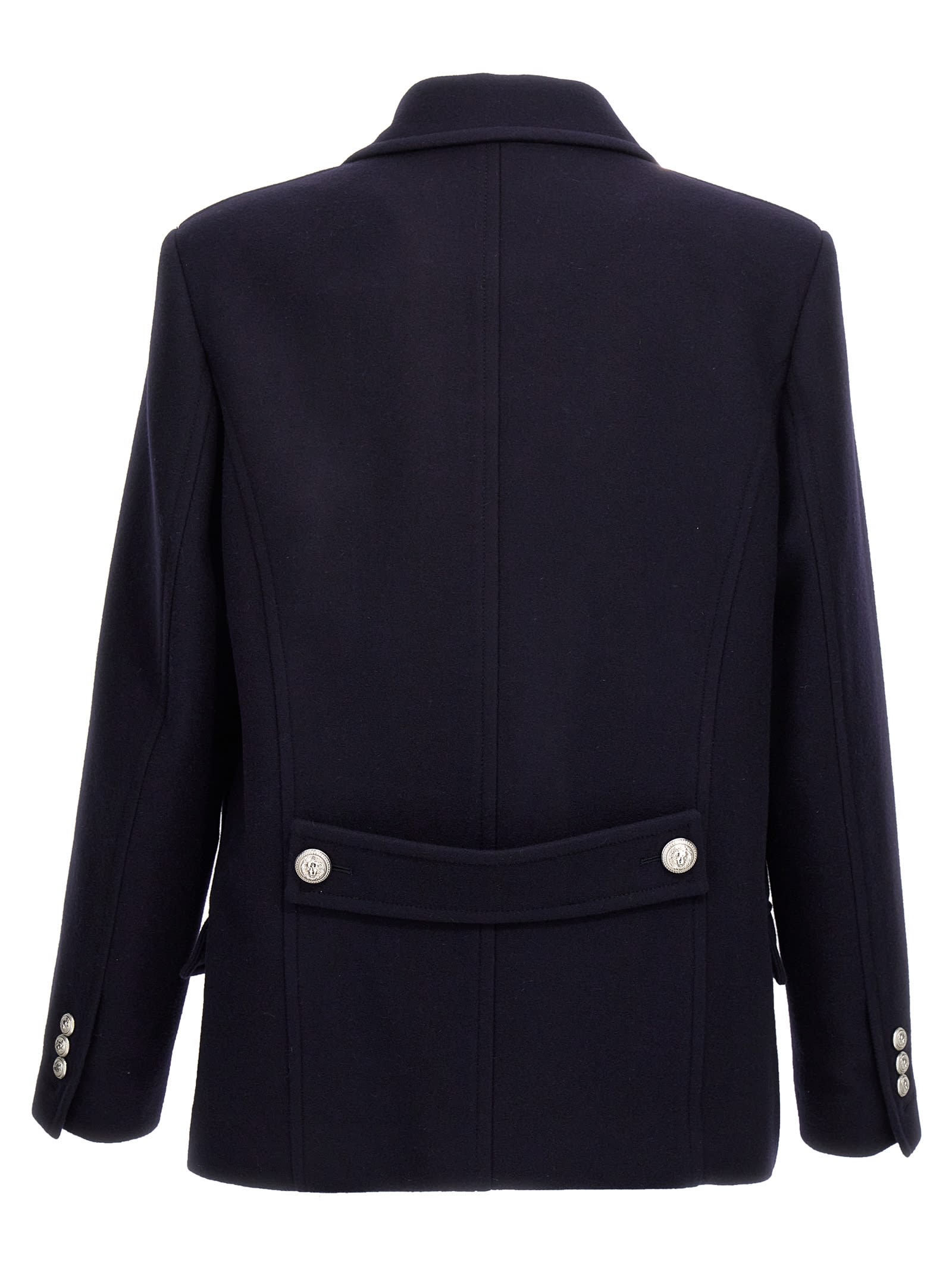 Shop Balmain Double-breasted Coat With Logo Buttons In Blue