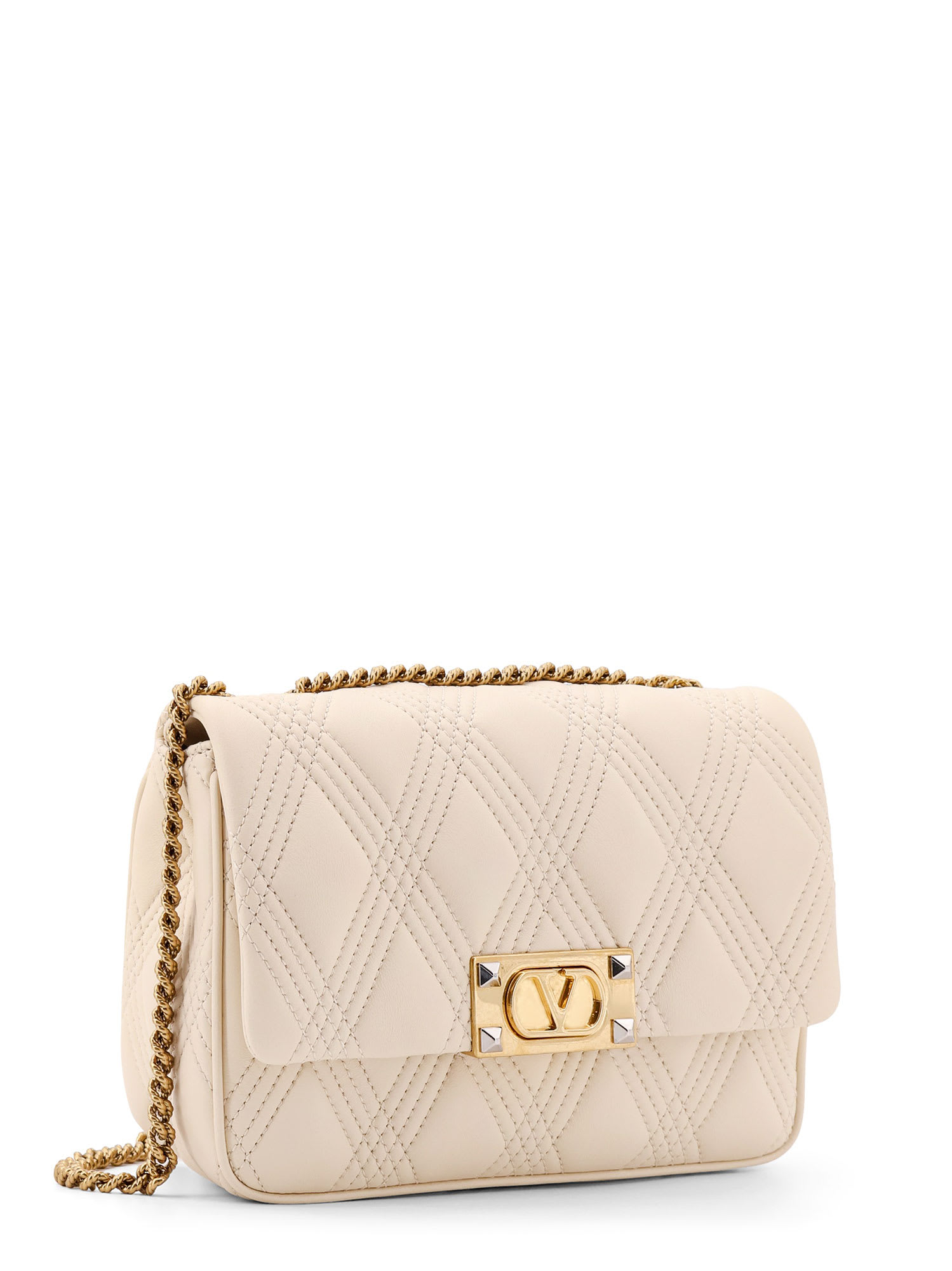 Valentino Garavani Quiltie 67 Leather Medium Shoulder Bag With Chain In Sand