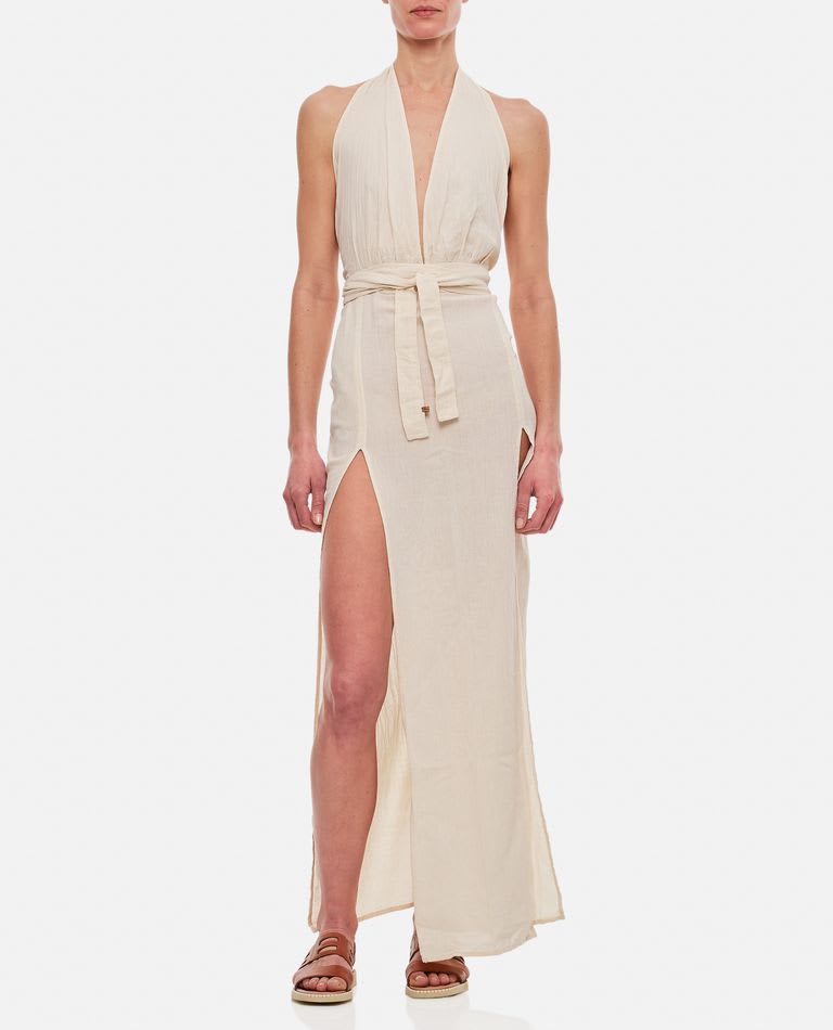 Caravana Tacoh Cotton Long Dress With Slits In White