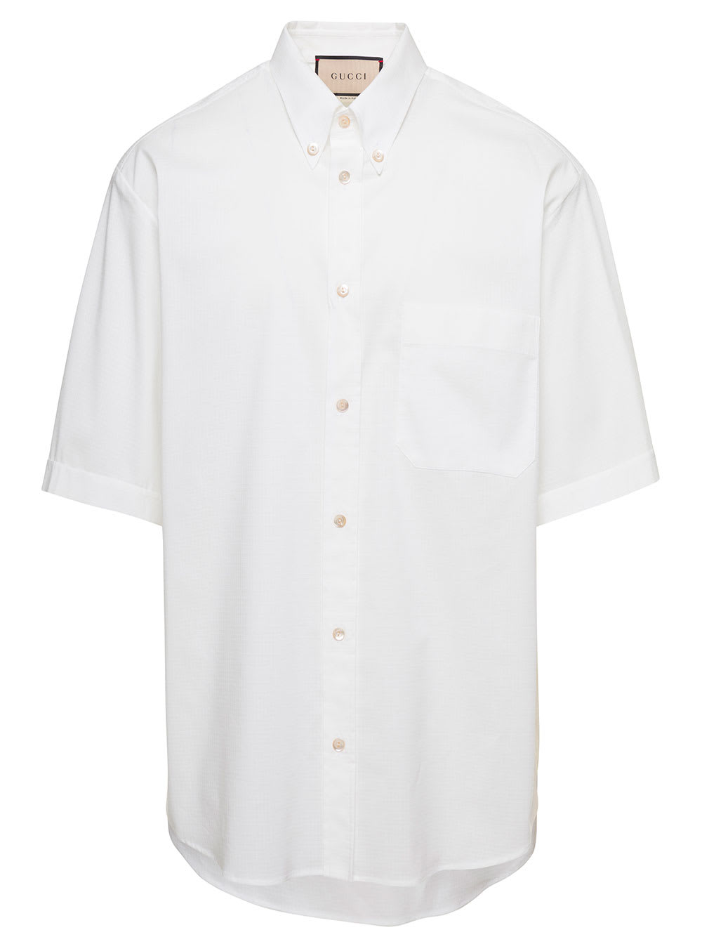 GUCCI WHITE SHORT SLEEVED T-SHIRT WITH REAR LOGO PATCH AND BUTTON-DOWN COLLAR IN COTTON BLEND MAN
