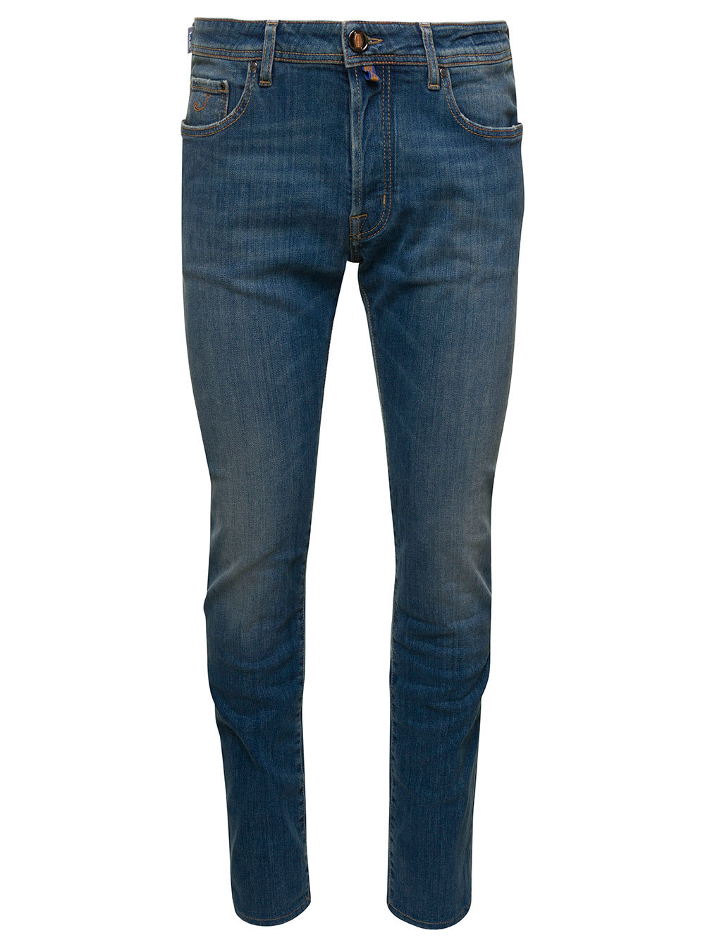 Blue Five-pocket Jeans With Branded Bandanna In Stretch Cotton Denim Man