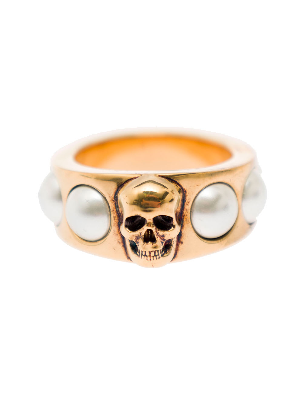 Alexander McQueen Pearl N Skull Ring Antique Gold - Pearl
