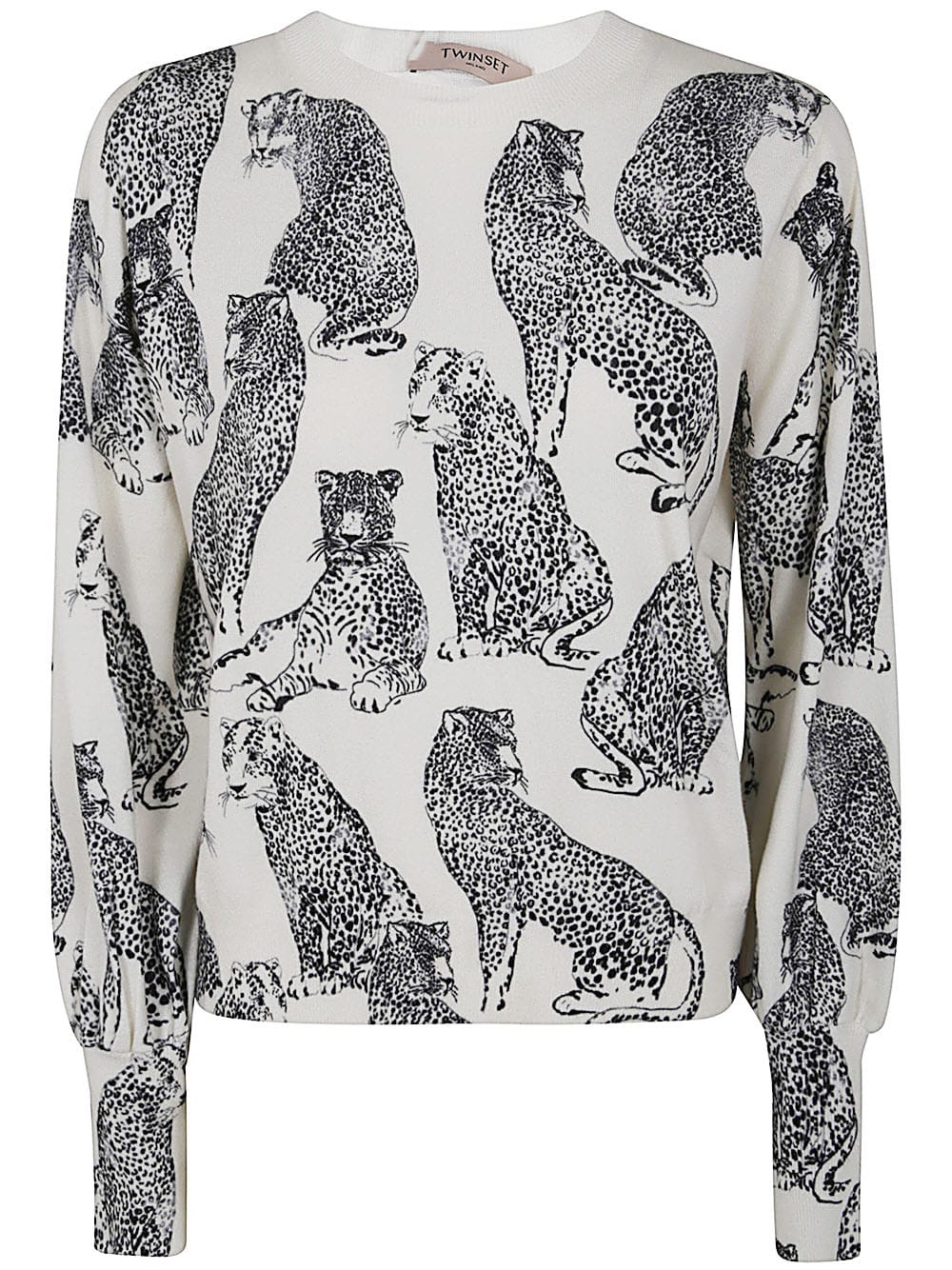 Shop Twinset Round Neck Sweater In Jaguards Print Black White