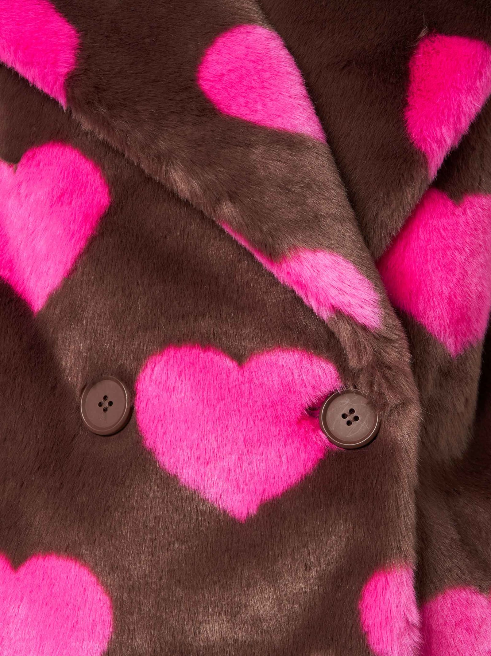 Mc2 Saint Barth Woman Furry Short Jacket With Heart Print In Brown