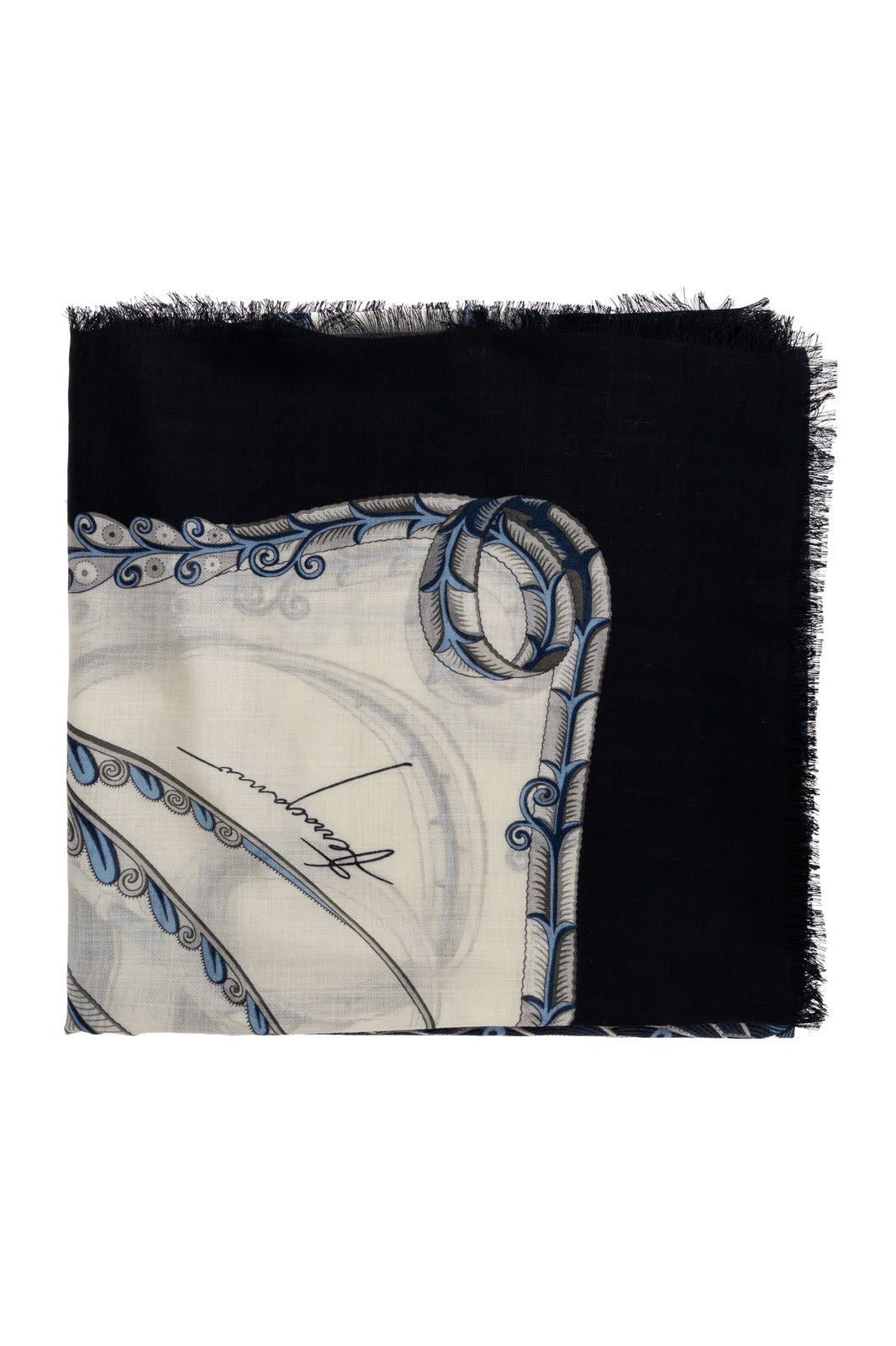 Shop Ferragamo Graphic Printed Frayed Scarf In Blue