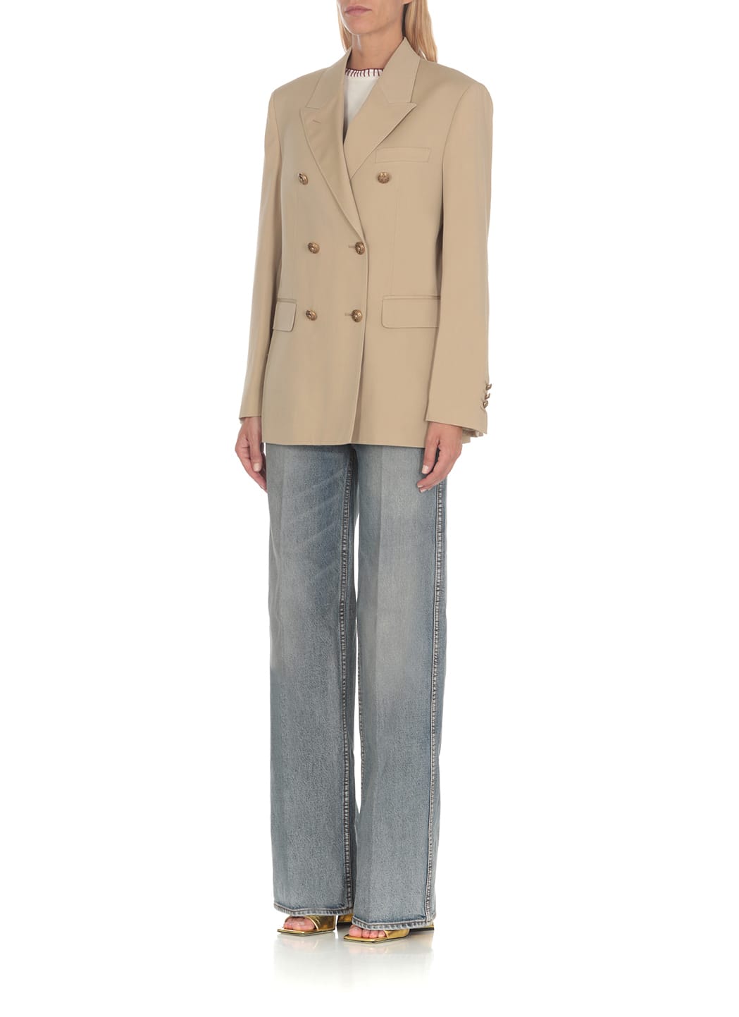 Shop Golden Goose Virgin Wool Double Breasted Blazer In Beige