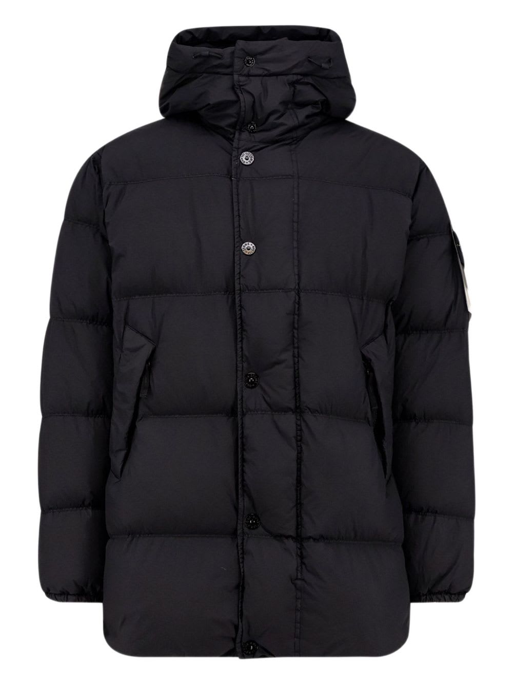 Stone Island Short Hooded Down Jacekt In Black