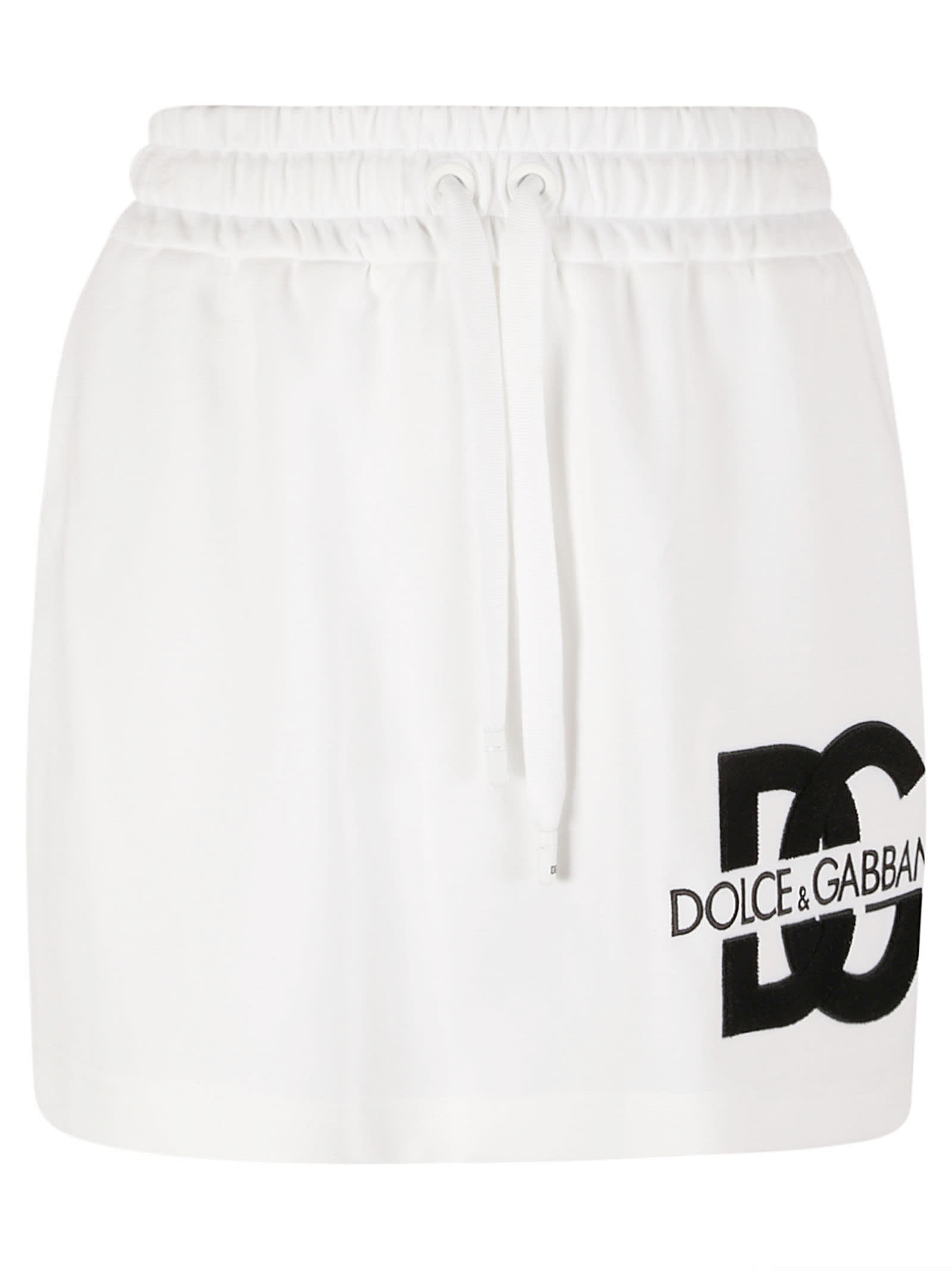 Dolce & Gabbana Drawstring Waist Logo Embroidered Short Skirt In White Ottico