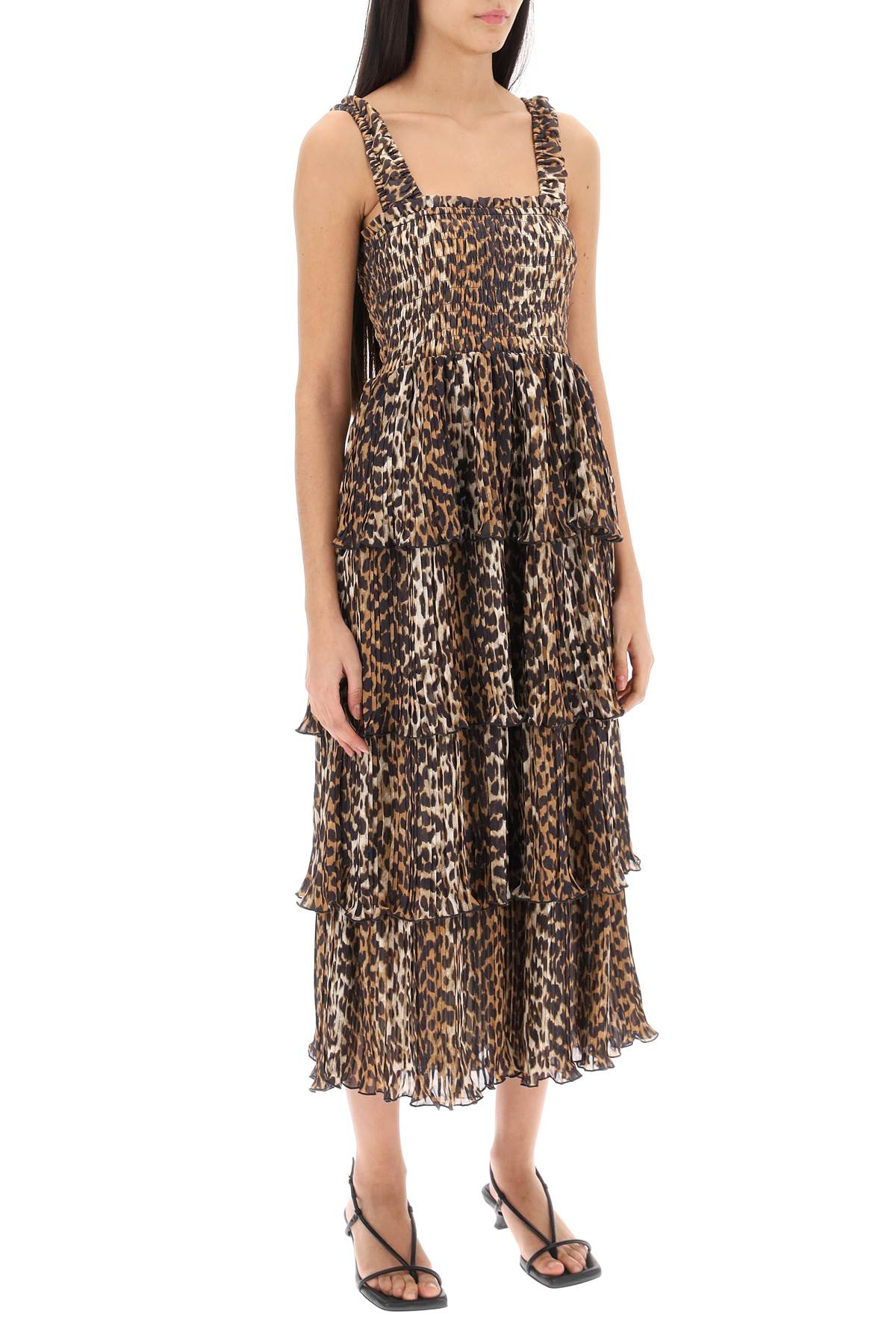 Ganni + Net Sustain Pleated Smocked Leopard-print Recycled-georgette Midi Dress In Almond Milk