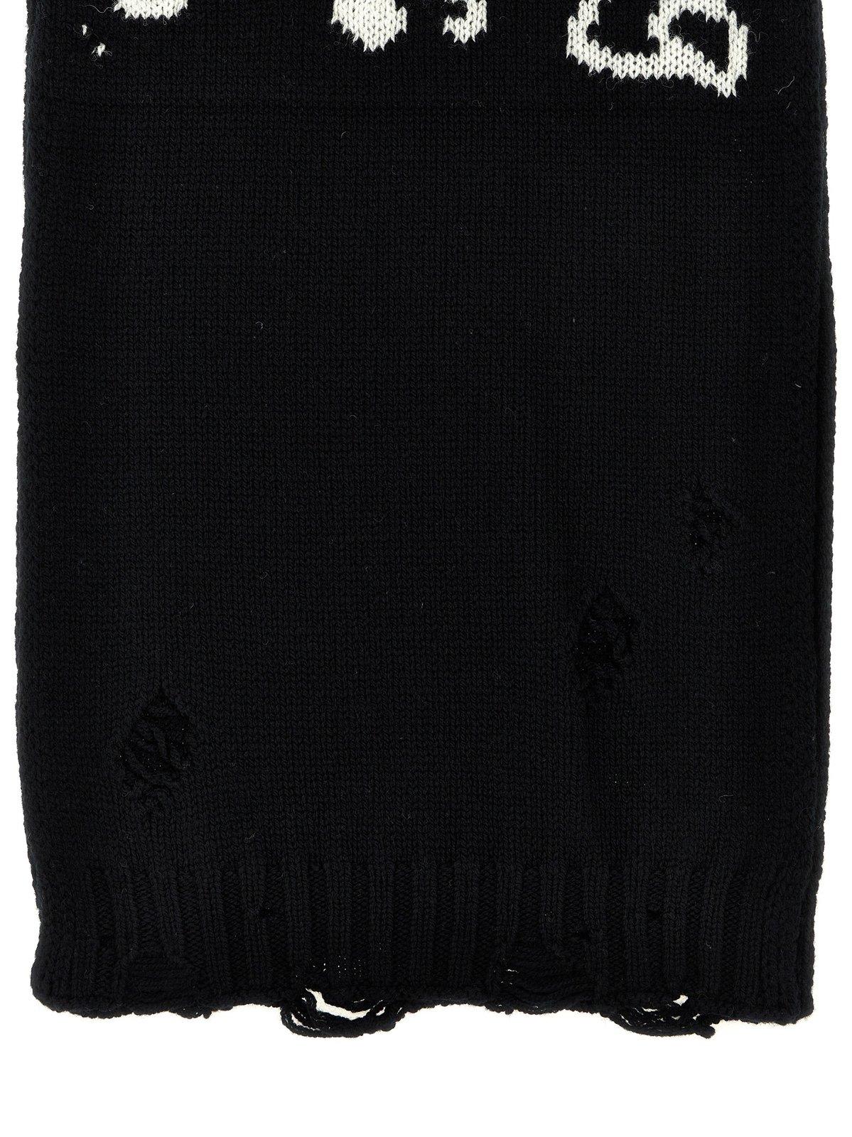 Shop Mm6 Maison Margiela Logo Intarsia-knit Distressed Scarf In Black/white