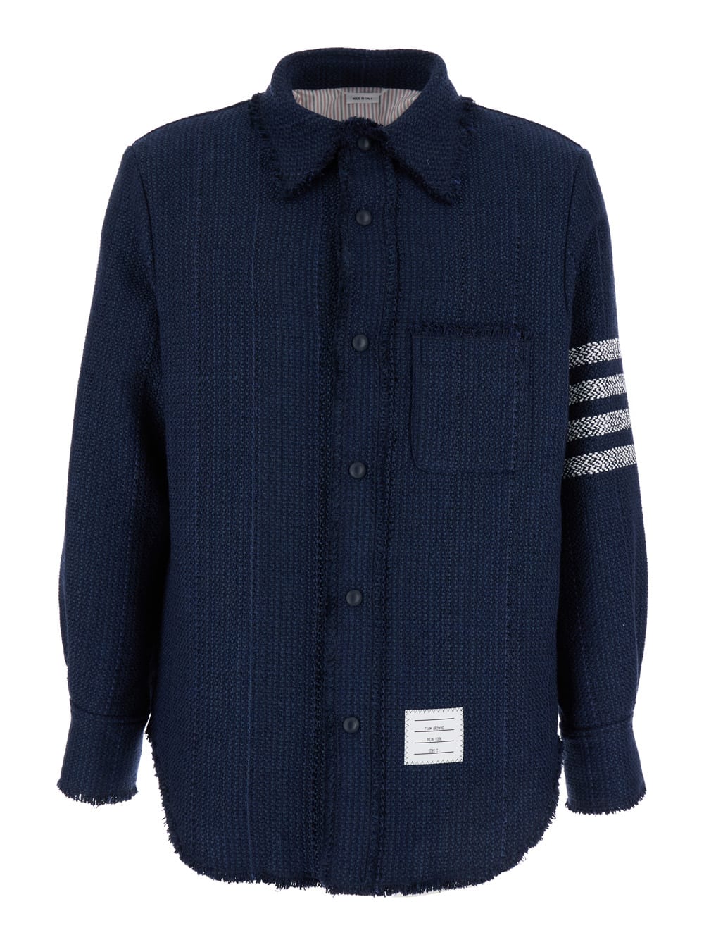 Shop Thom Browne Snap Front Shirt Jacket W/fray Edge In Woven 4 Bar Solid Cotton Tweed In Blu