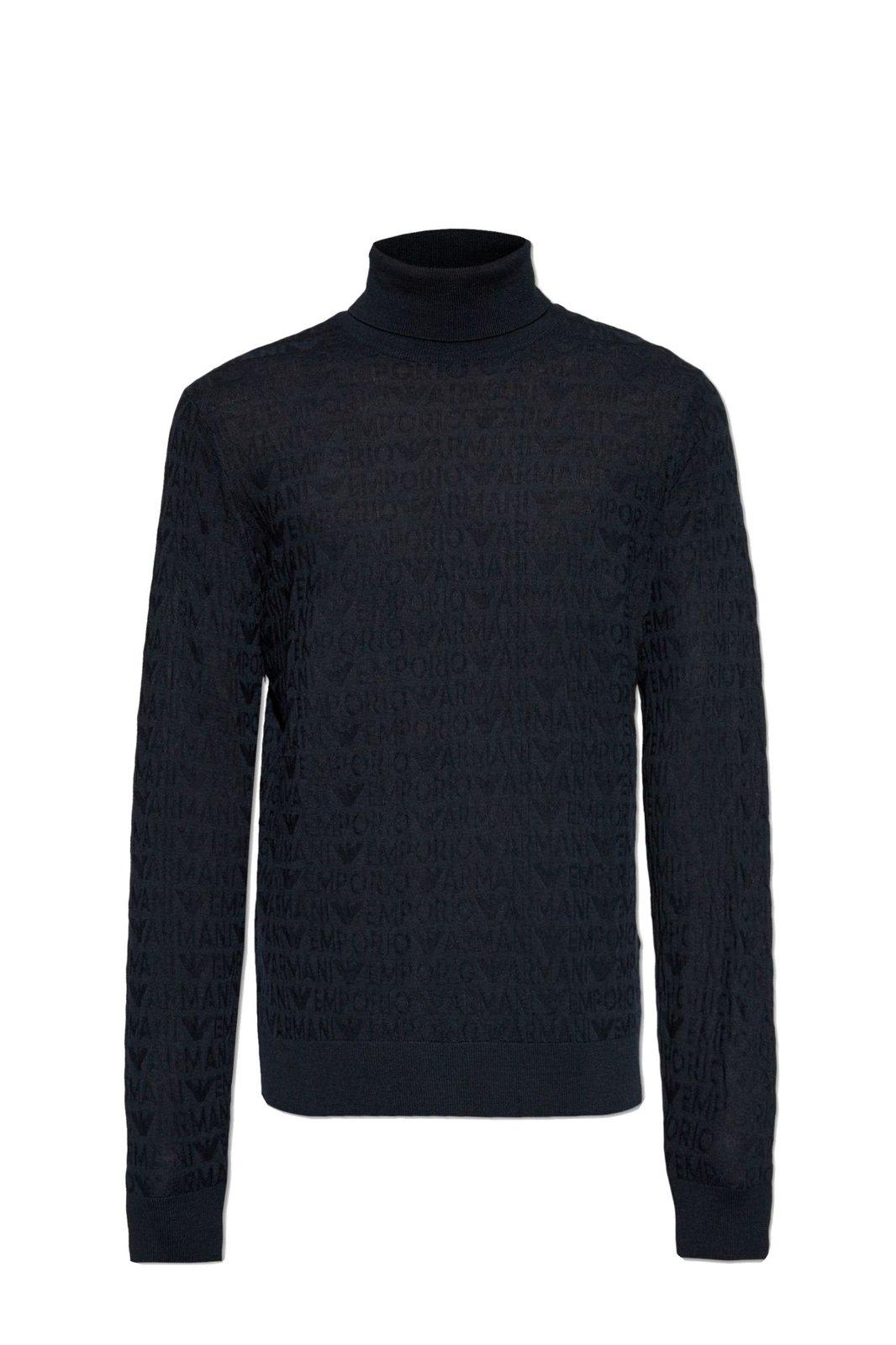 Shop Emporio Armani Wool Turtleneck With Monogram In Blu Navy