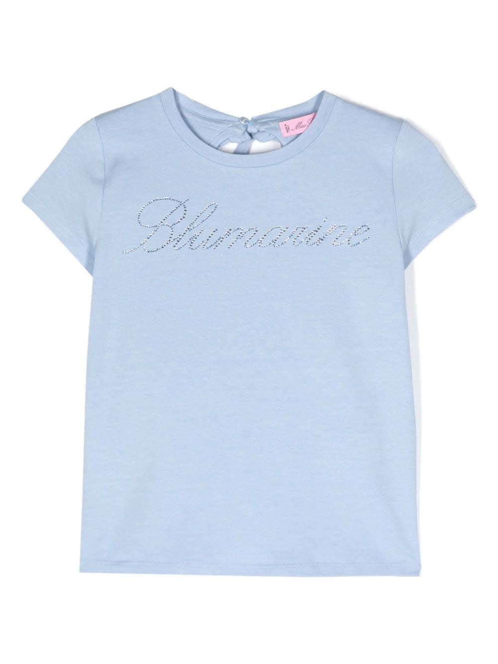 Shop Miss Blumarine Light Blue T-shirt With Rhinestone Logo And Ruffle Detail