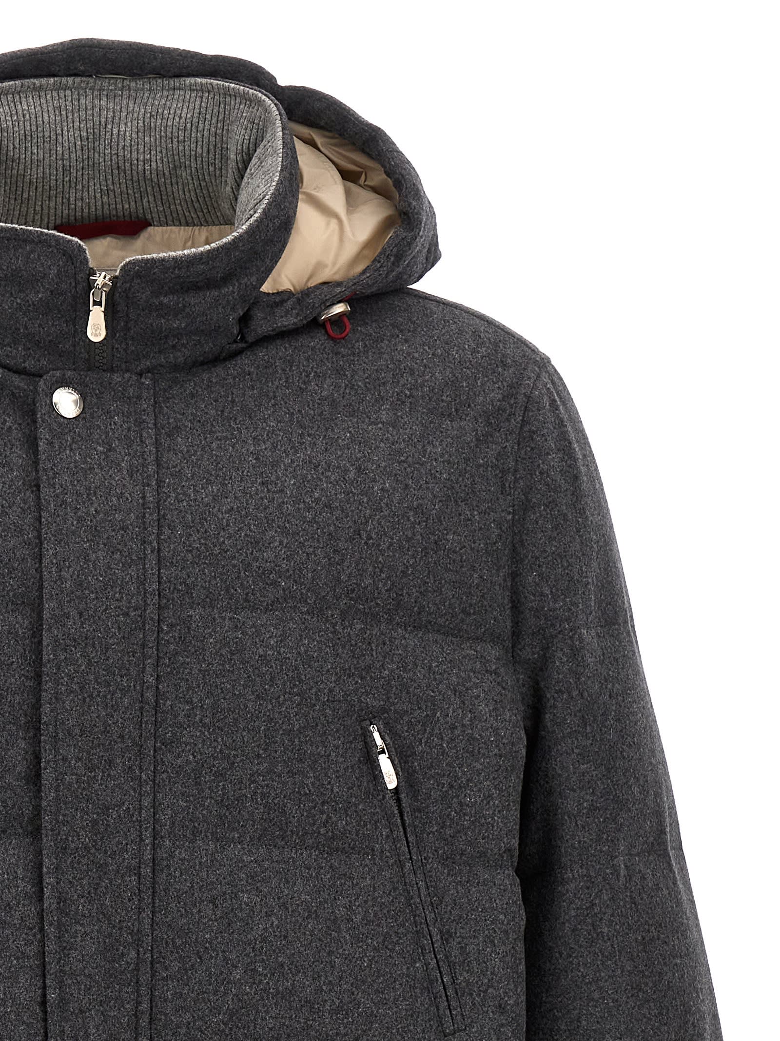 Shop Brunello Cucinelli Long Hooded Down Jacket In Gray