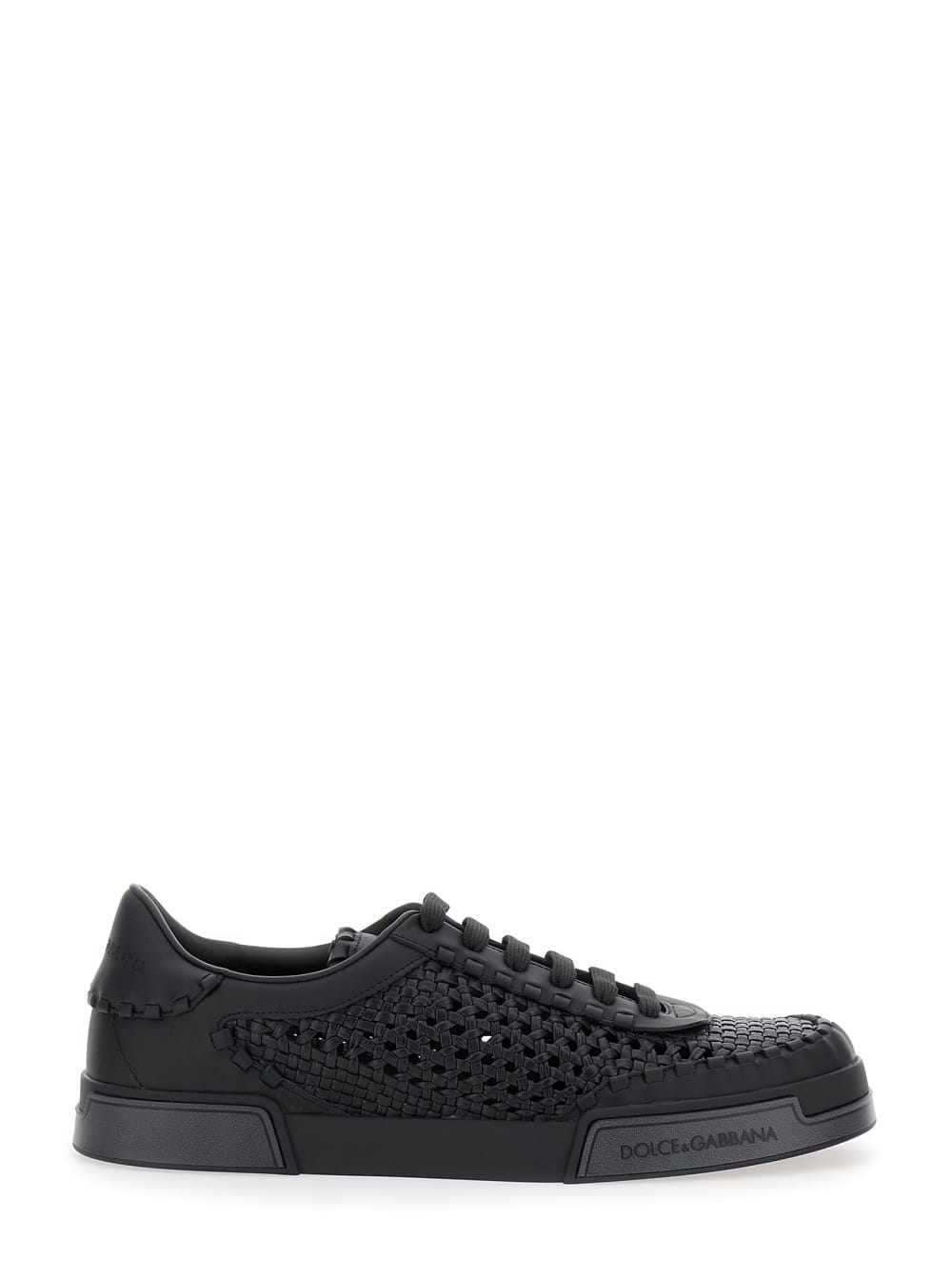 Dolce & Gabbana Round Toe Leather Low Top Sneakers In Black
