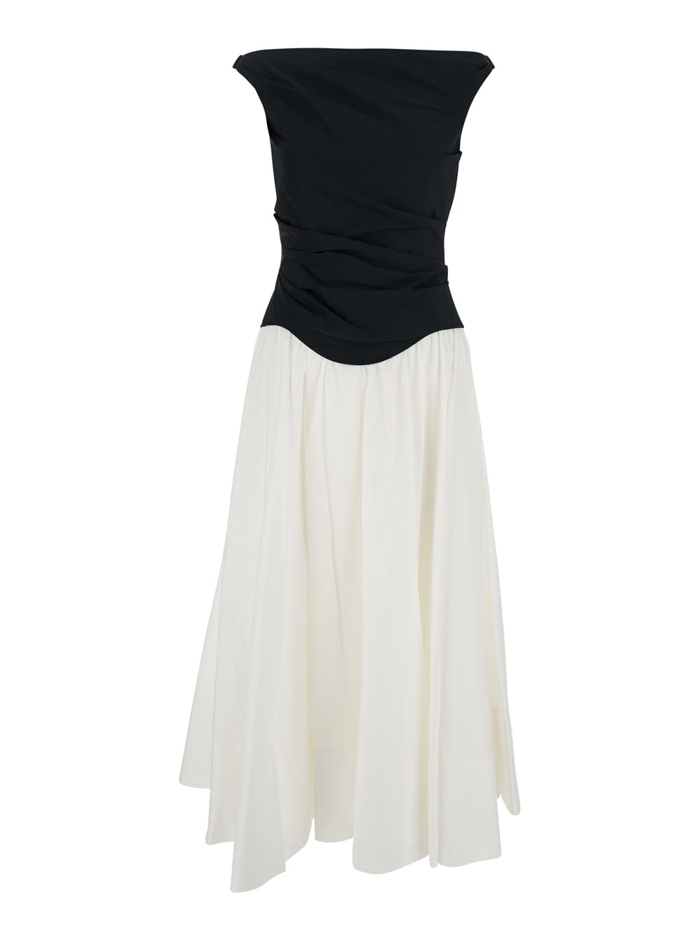 cersei Black And White Off-shoulder Midi Dress With Flared Skirt In Cotton Blend Woman