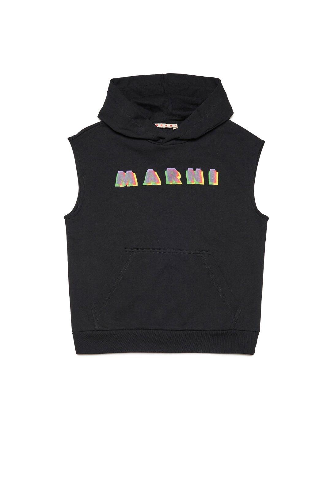Shop Marni Logo-printed Sleeveless Hoodie In Black