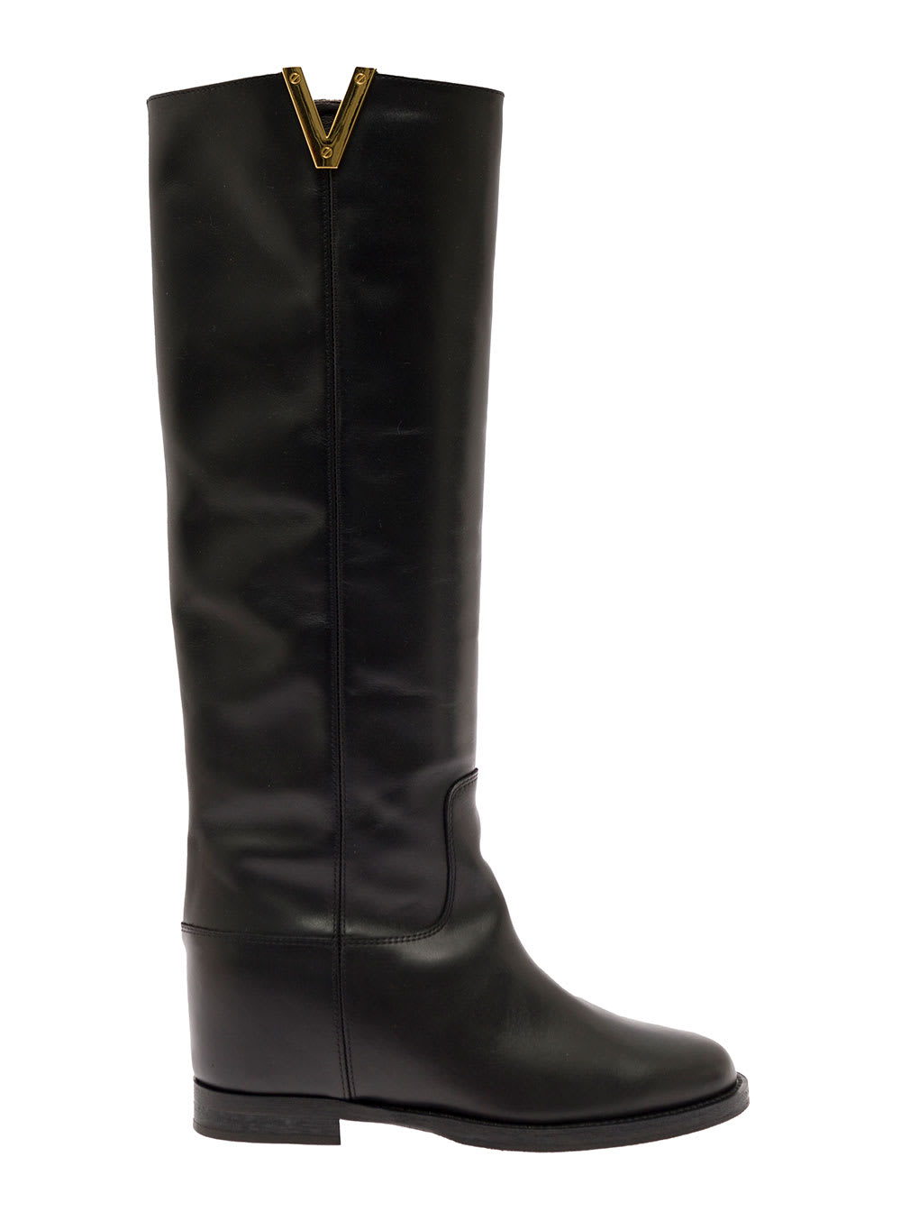 Black Leather Boots With Metal V Logo Detail Via Roma 15 Woman