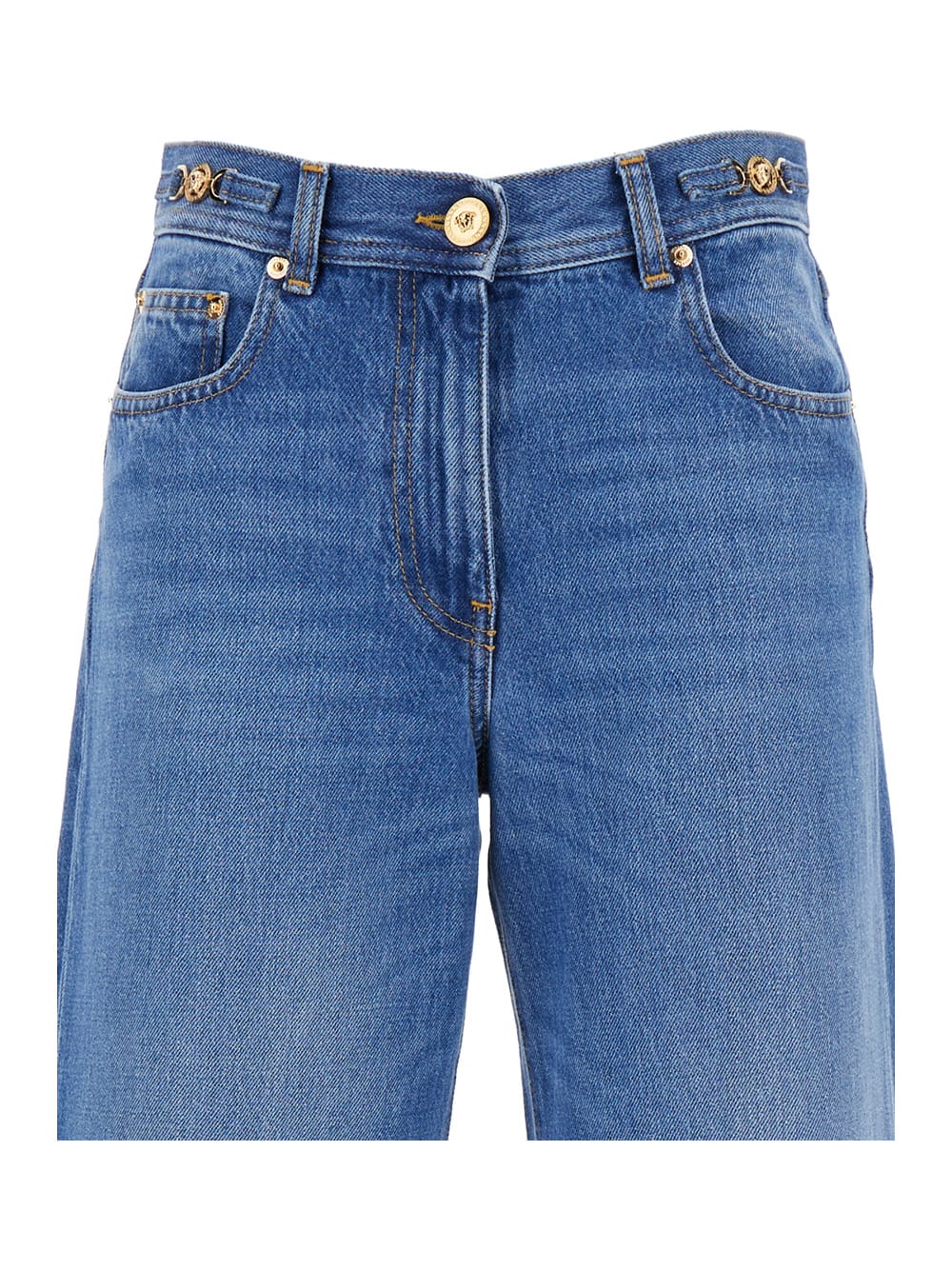 Shop Versace Denim Pants In Medium Blue