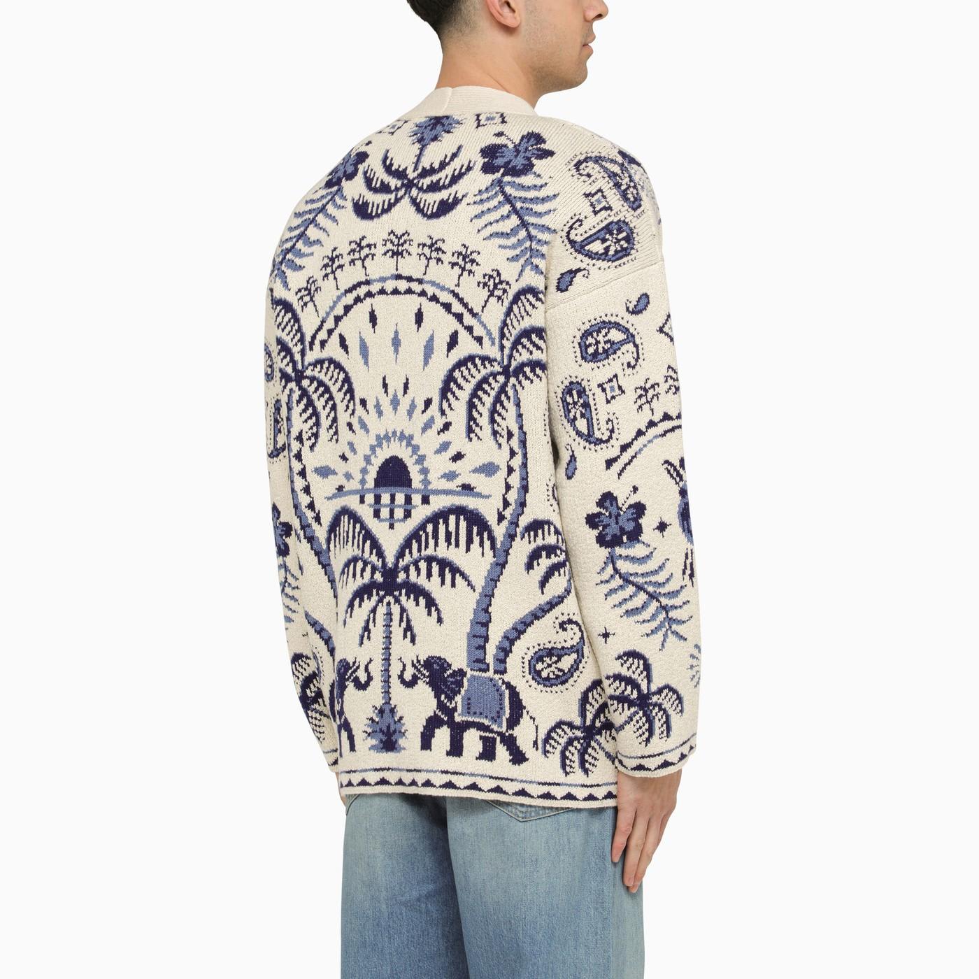 Shop Alanui White\/blue Jacquard Cardigan In Wool And Cotton In Sand