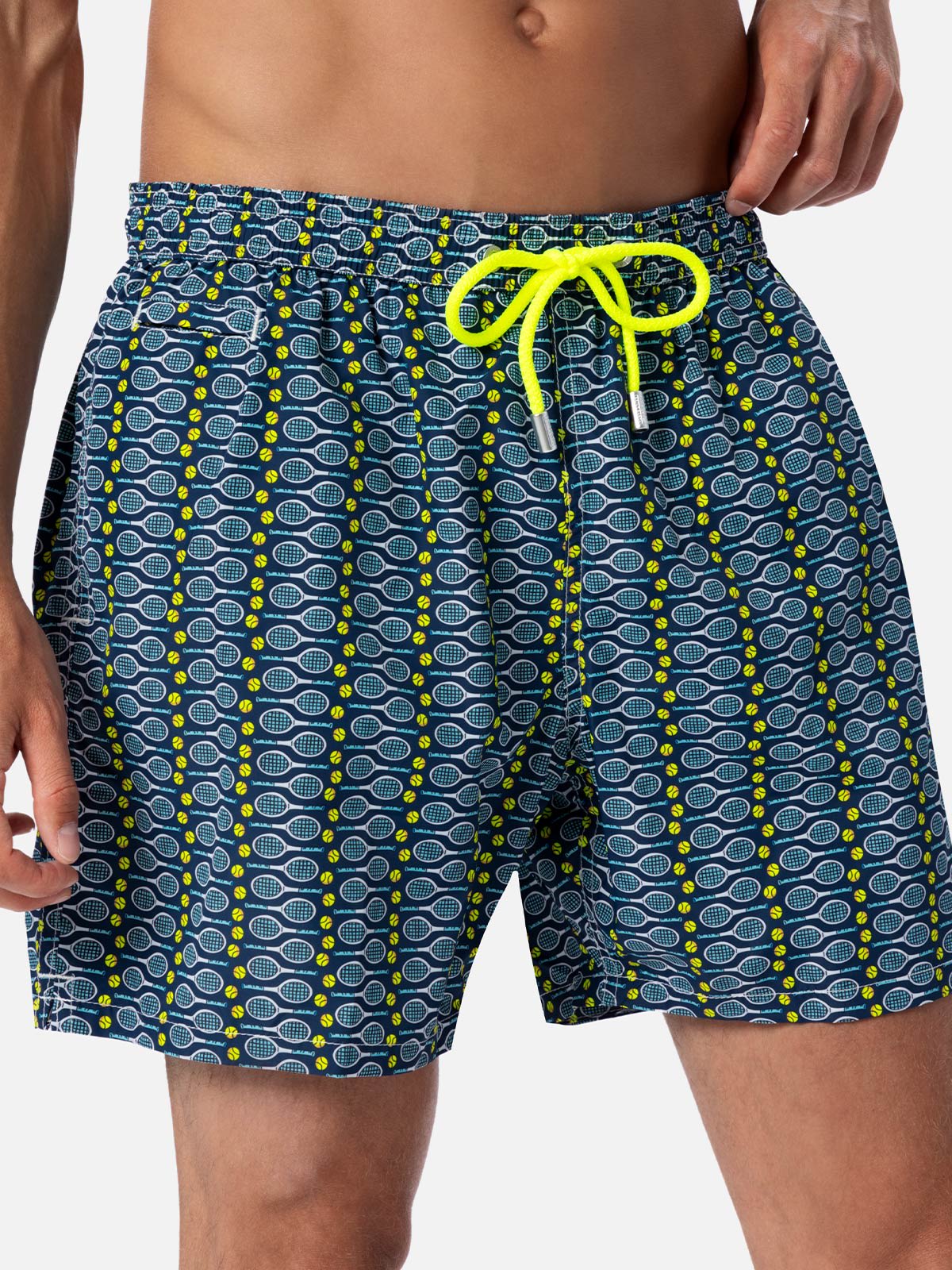 Mc2 Saint Barth Man Lightweight Fabric Swim-shorts Lighting Micro Fantasy With Tennis Print In Blue