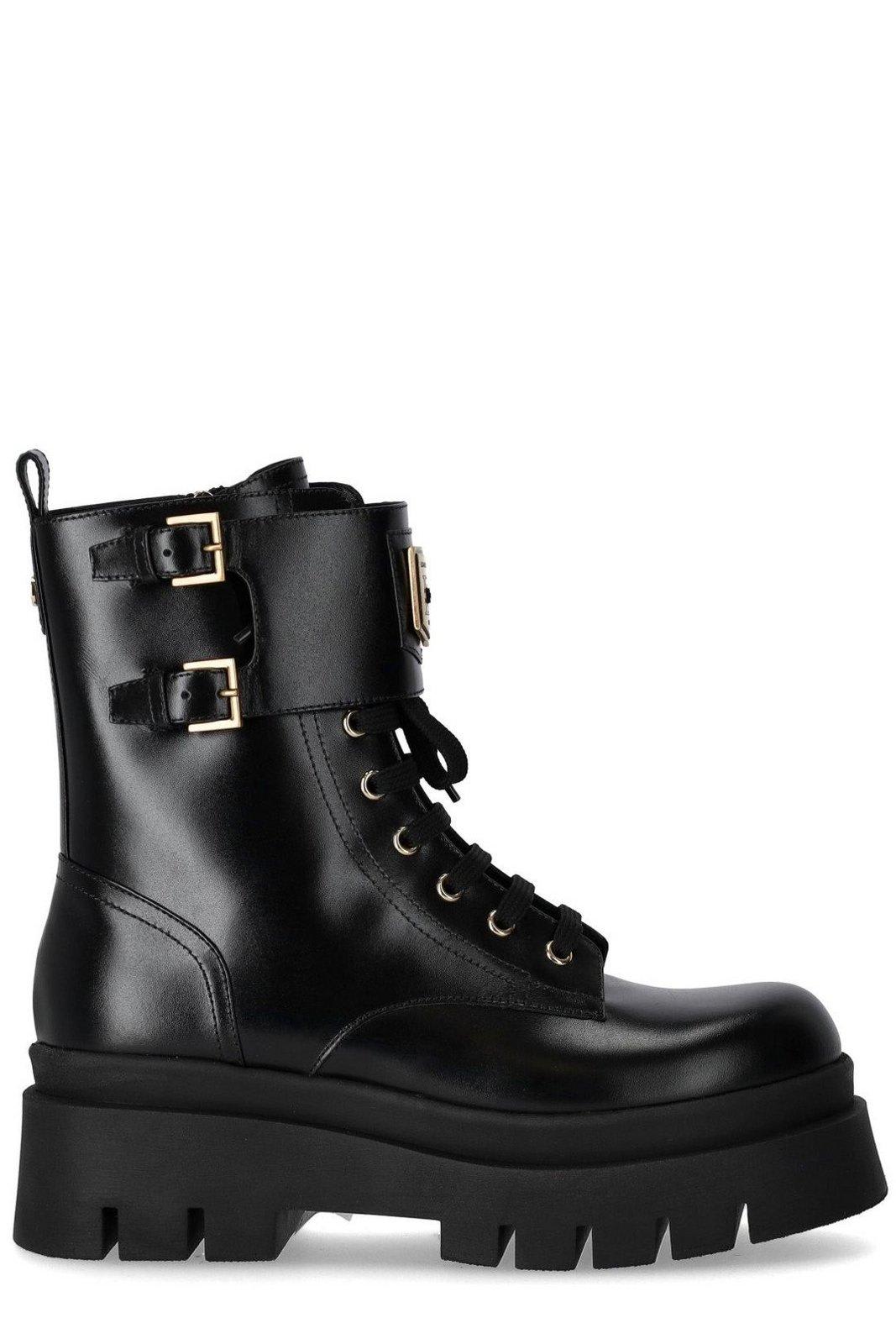 Shop Elisabetta Franchi Logo Plaque Combat Boots In Nero