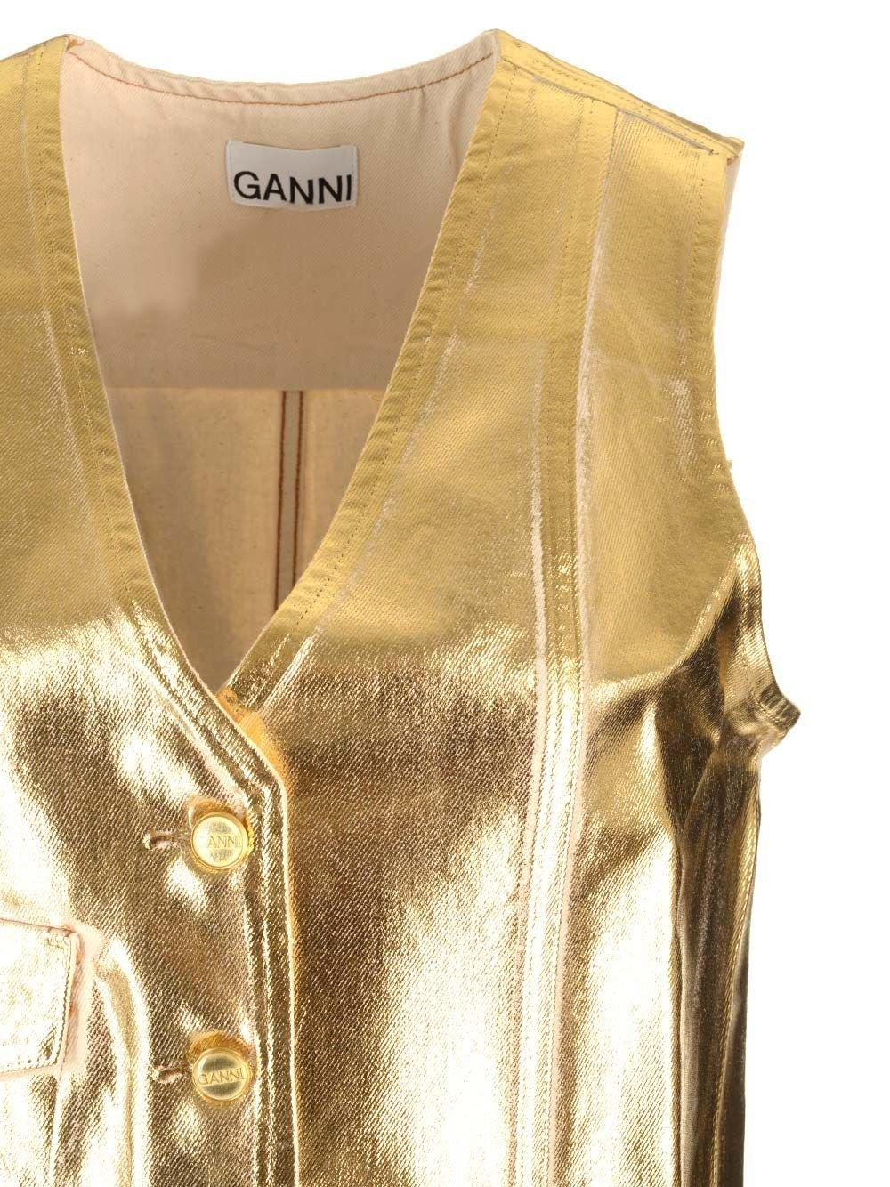 Shop Ganni Metallic Cropped Vest In Oro