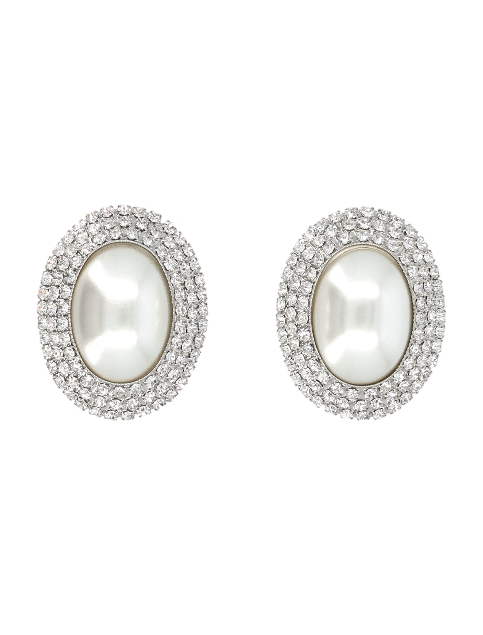 Shop Alessandra Rich Oval With Pearl Earrings In Silver Crystal