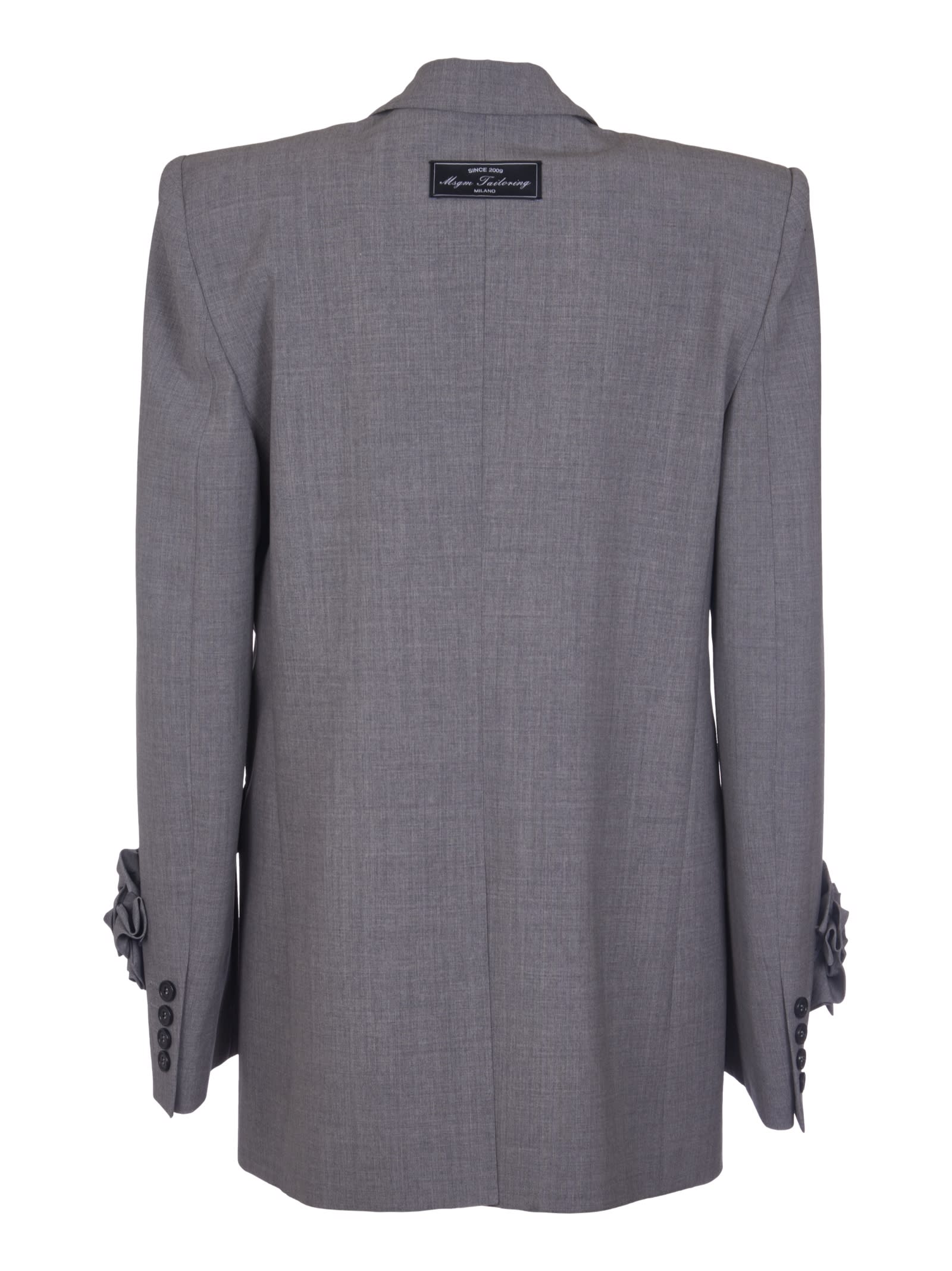 Shop Msgm Logo Patched Double-breasted Long Dinner Jacket In Grey Mélange