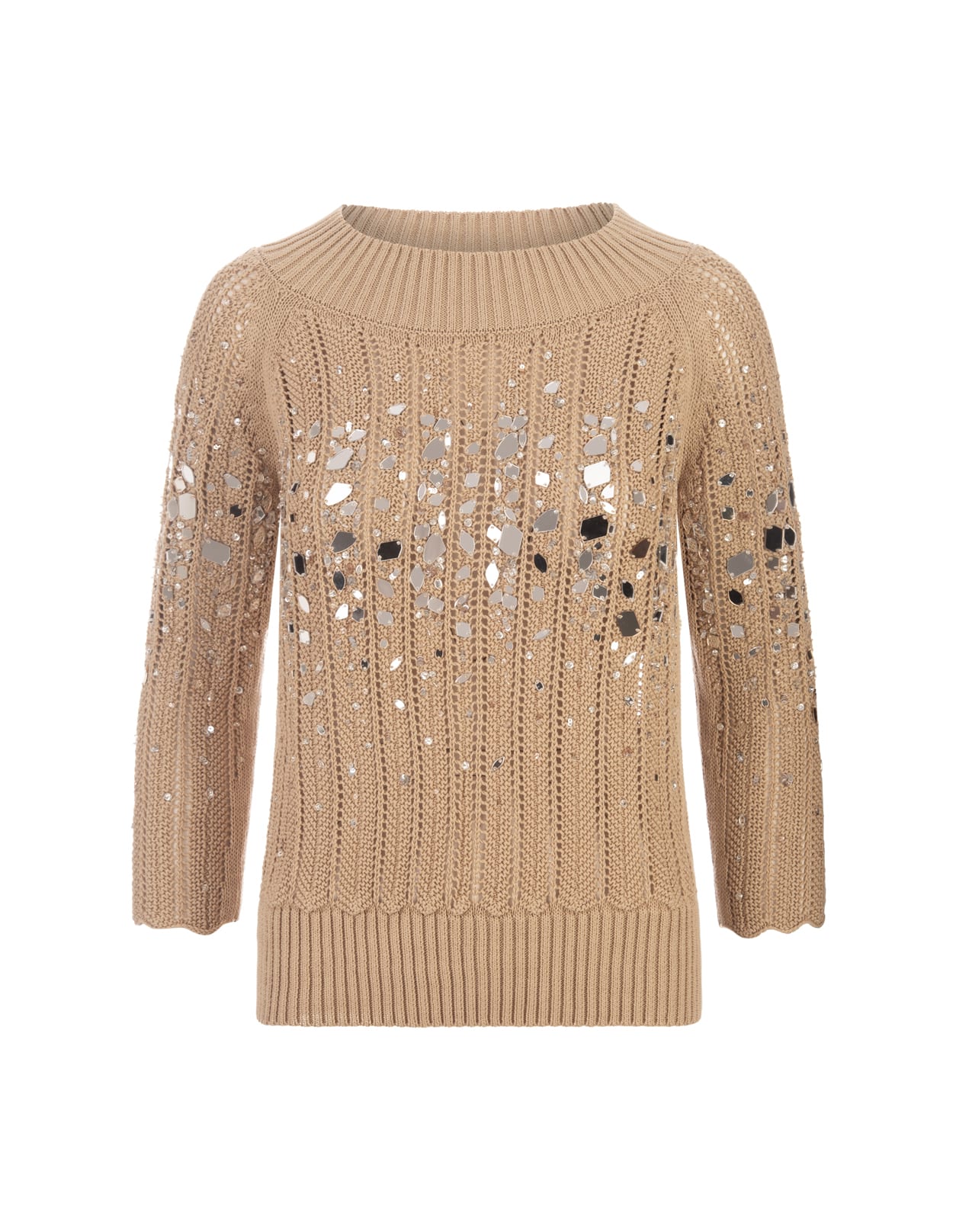 Ermanno Scervino Beige Sweater With Mirror Embroidery Jewellery In Pink
