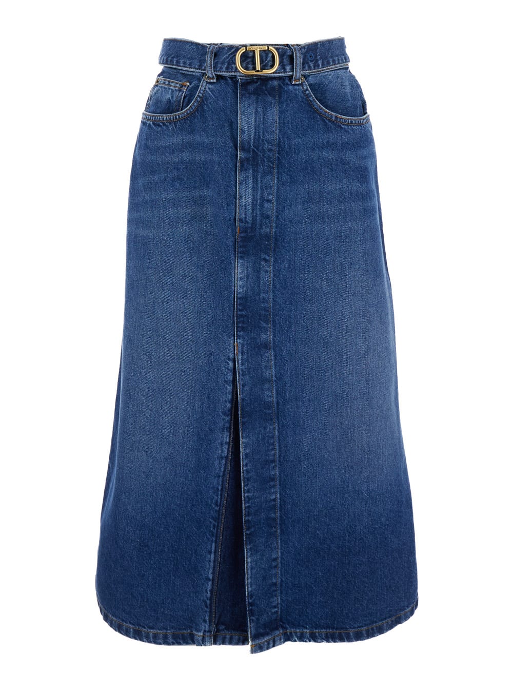 Blue Denim Midi Skirt With Blet In Cotton Woman TwinSet