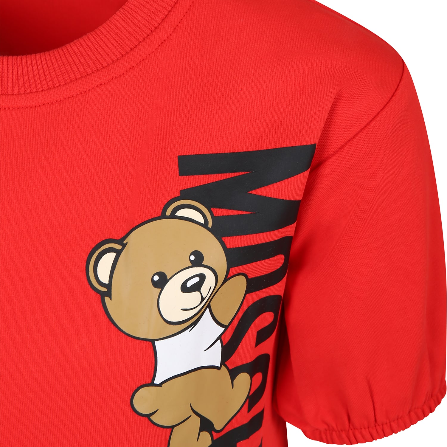 Shop Moschino Red Dress For Girl With Teddy Bear And Logo