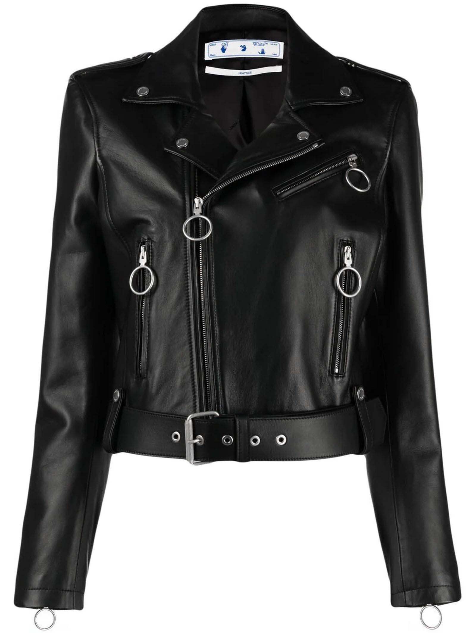 Off-White Black Leather Cropped Biker Jacket