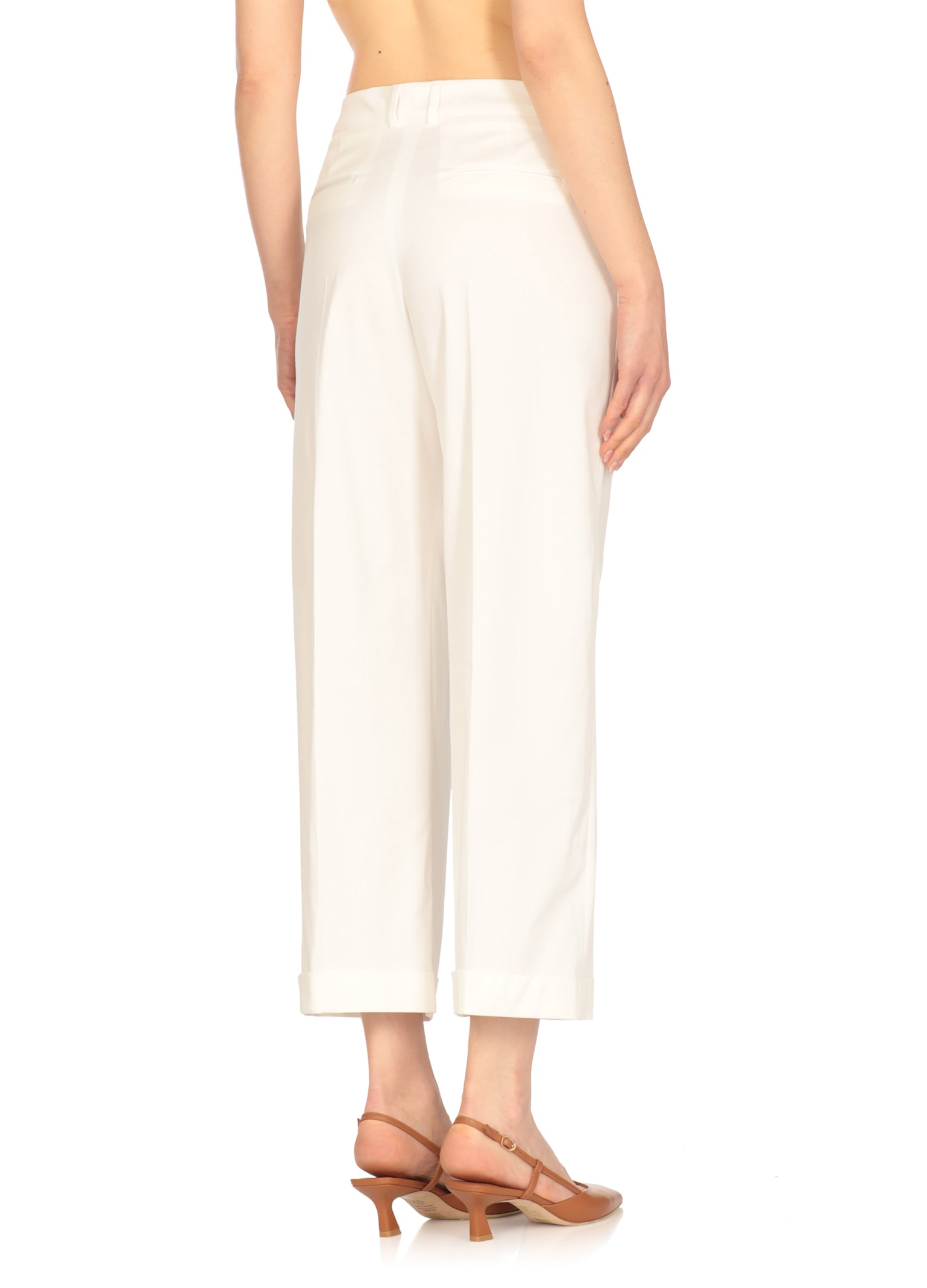Pt Torino Cropped White Cotton Pants With Wide Leg And Turn-up Hem