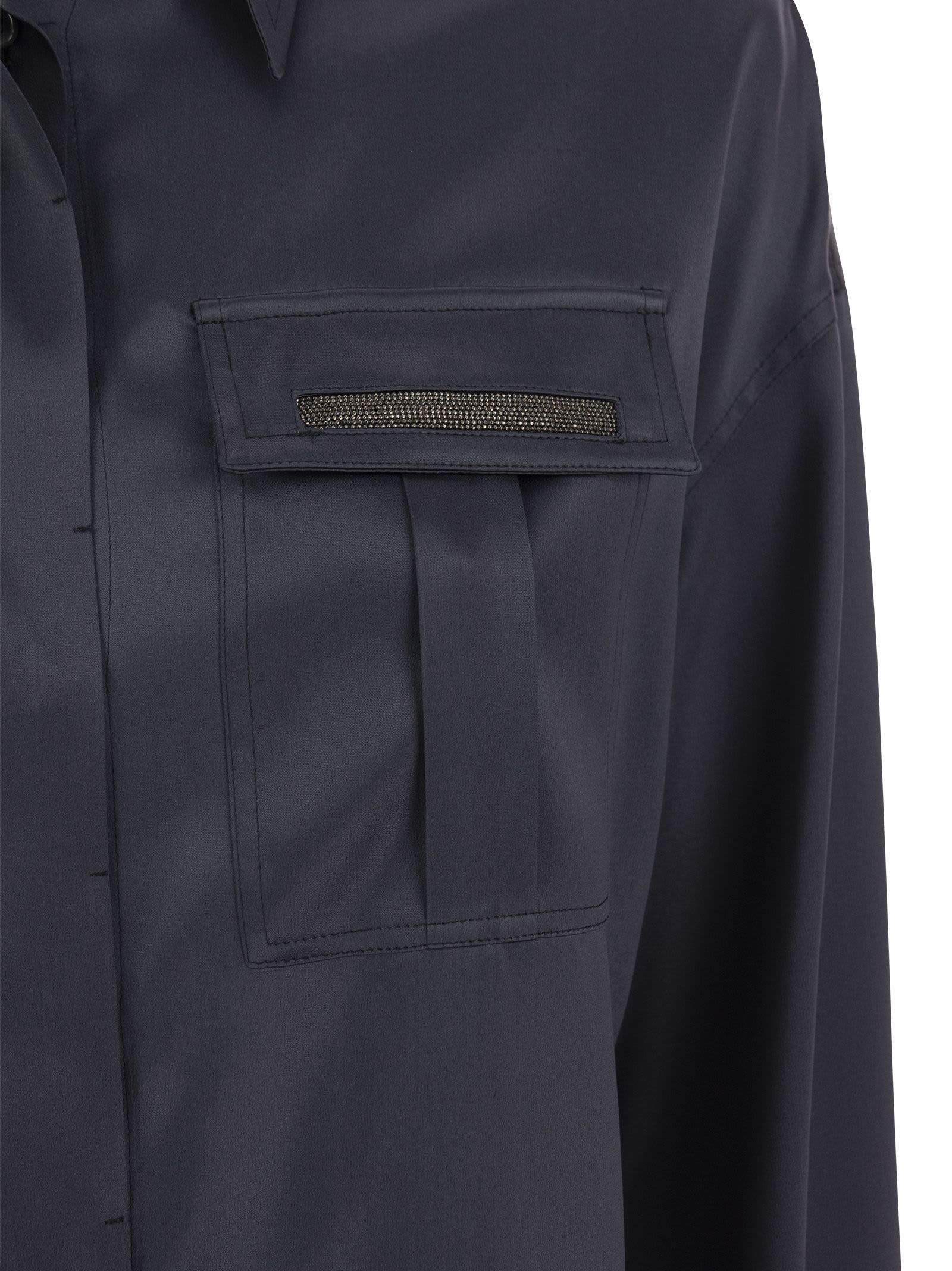Shop Brunello Cucinelli Stretch Silk Satin Shirt With Shiny Pockets In Blue